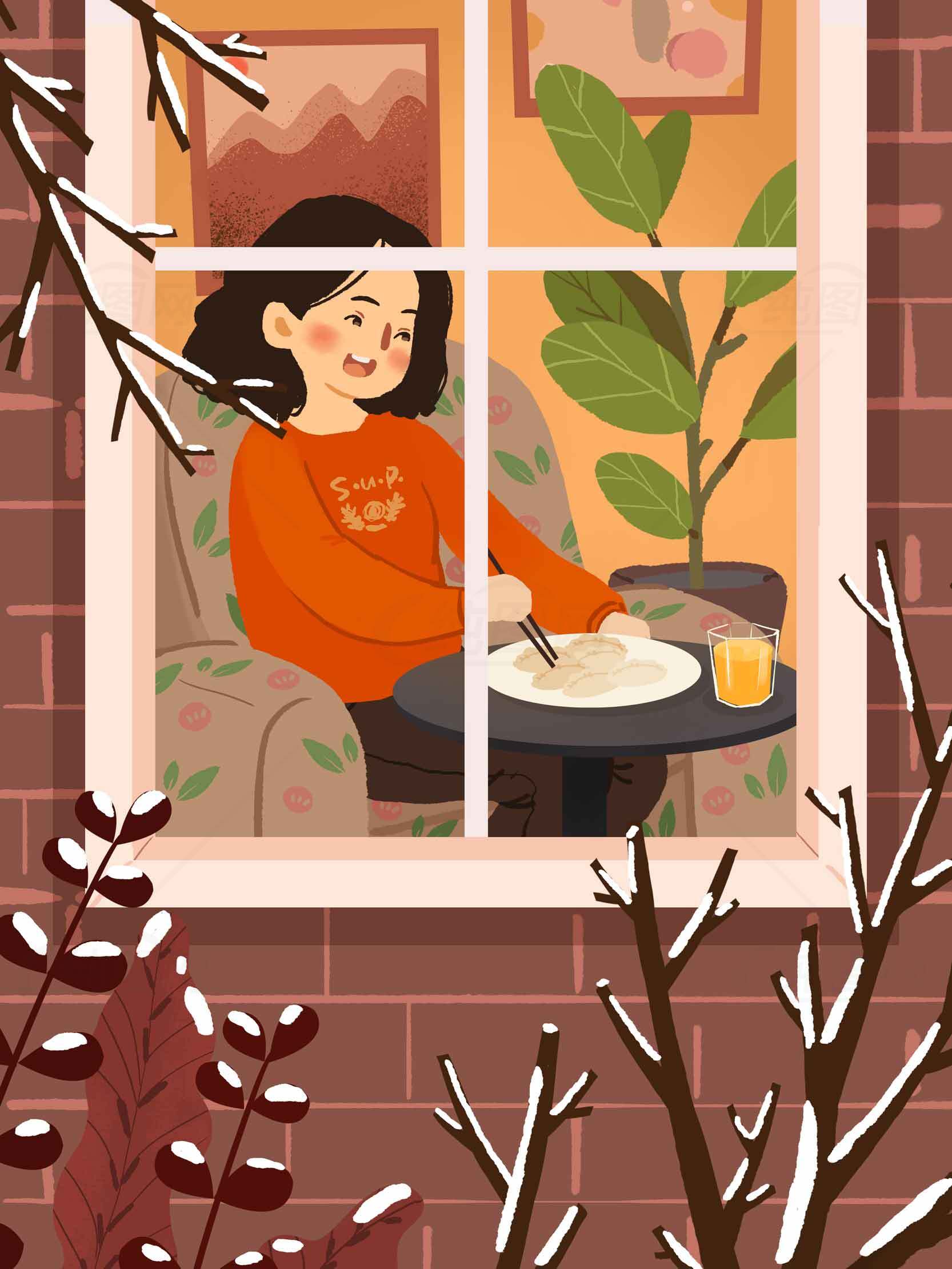 冬日窗边的温馨插画场景素材