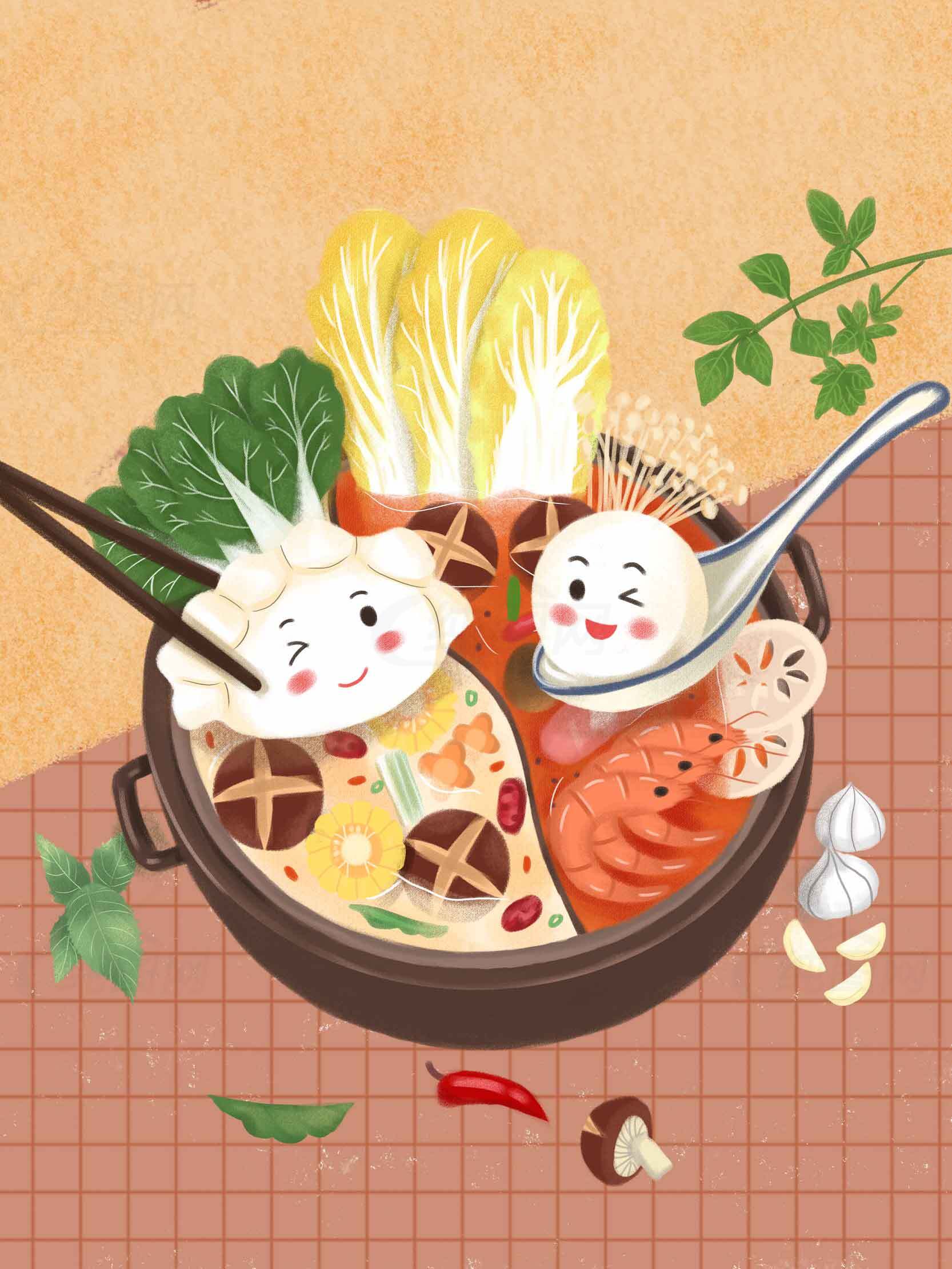 卡通火锅美食插画设计素材