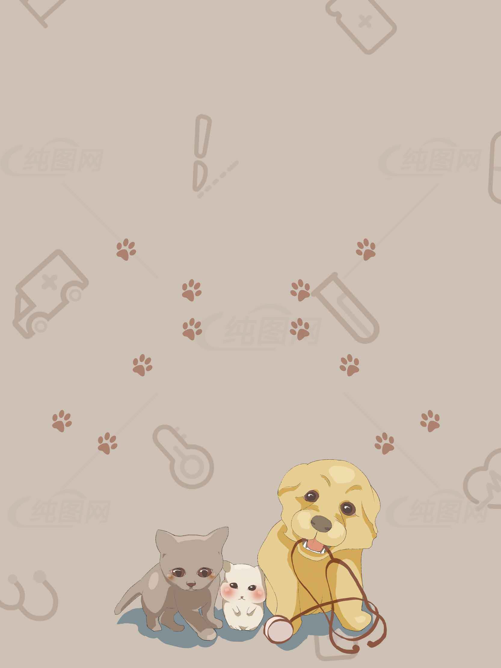 可爱宠物插画背景：狗狗、猫咪与小仓鼠的温馨时光素材
