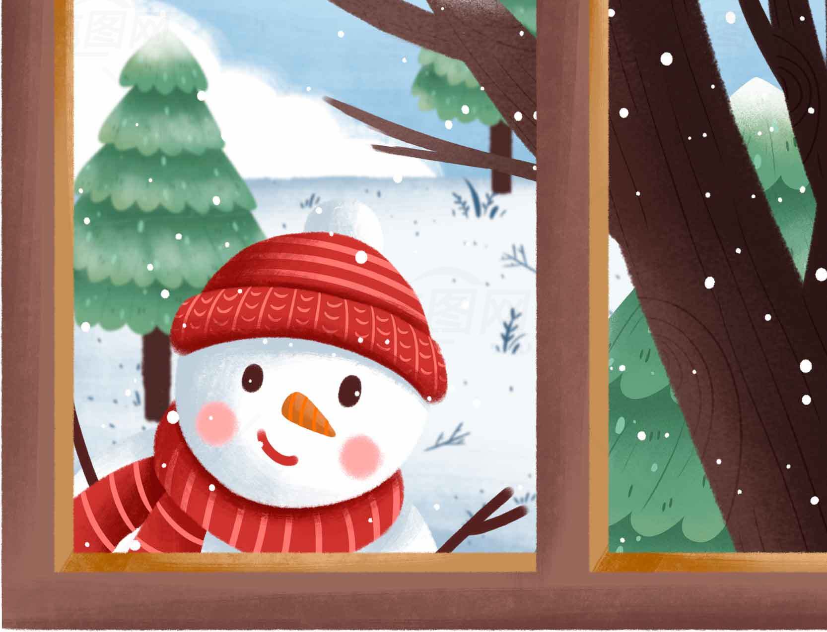 窗外的雪人微笑：冬日温馨插画素材