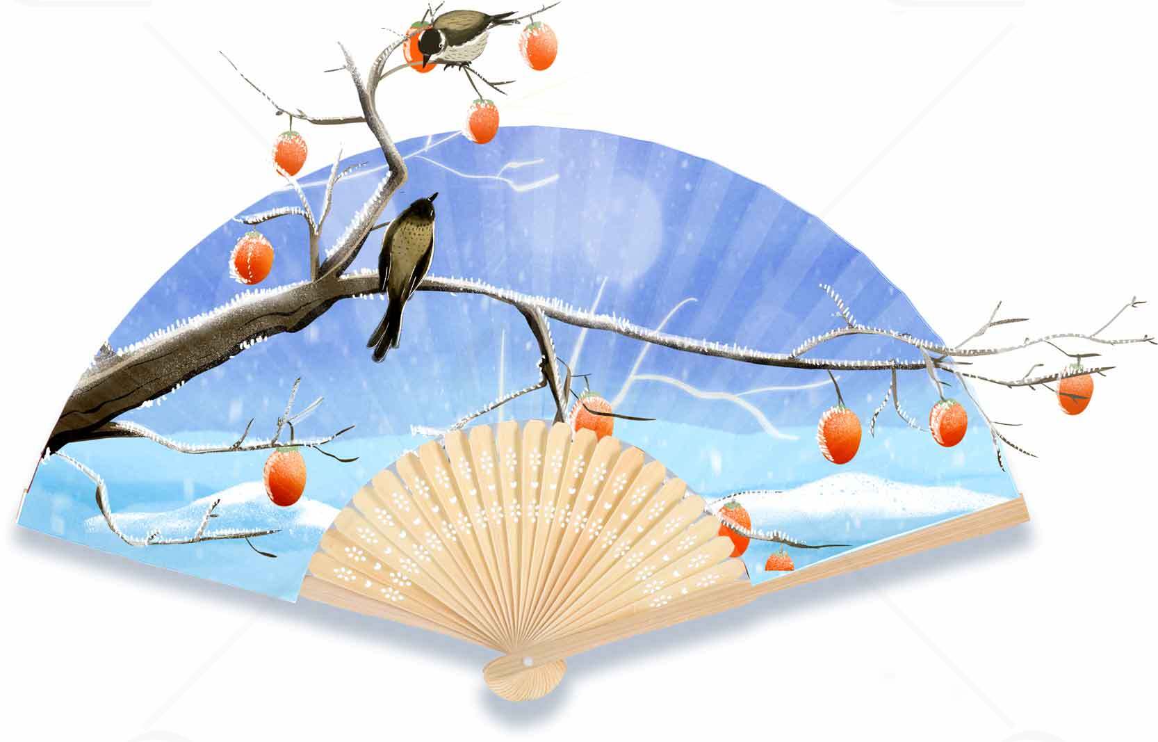 冬日雪景与柿子树的中国风折扇插画素材