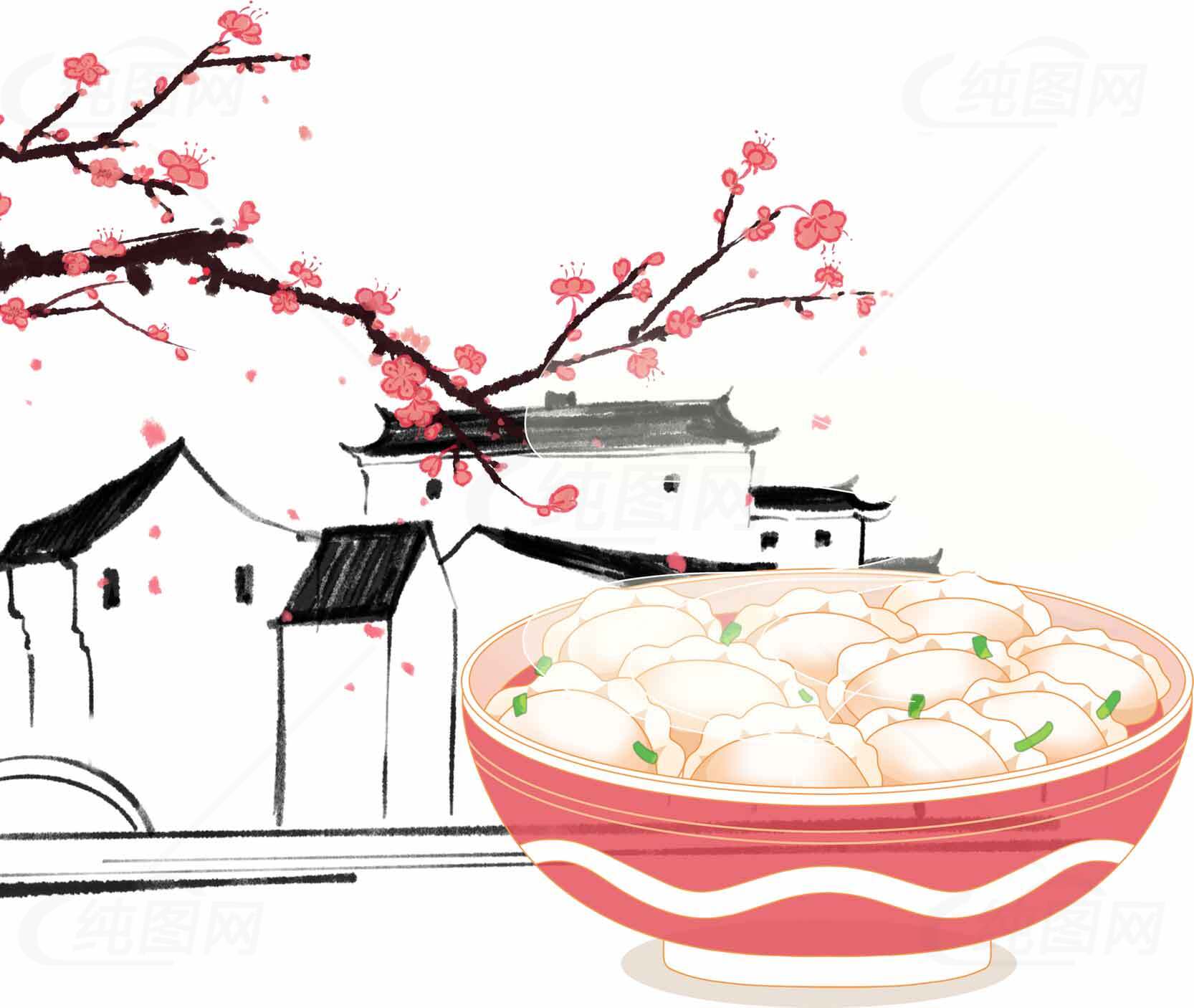 传统元宵节汤圆与江南水乡意境插画素材