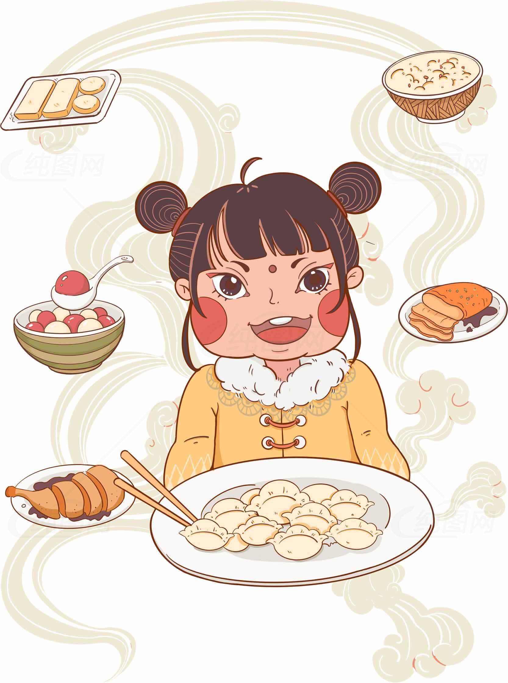 卡通风格美食插画：女孩与饺子素材