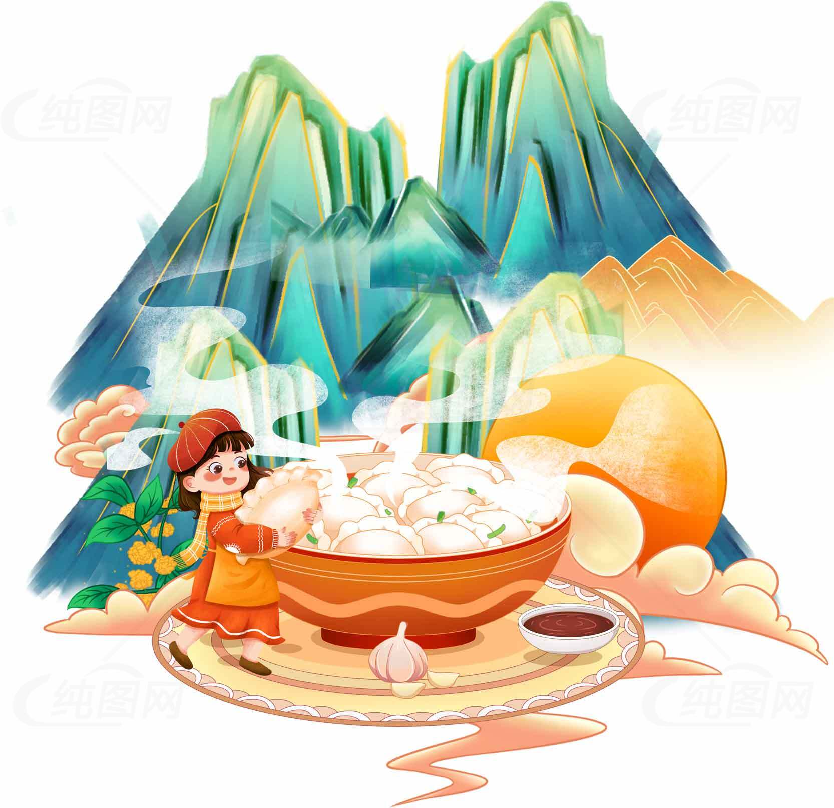 传统美食汤圆与山水背景插画素材