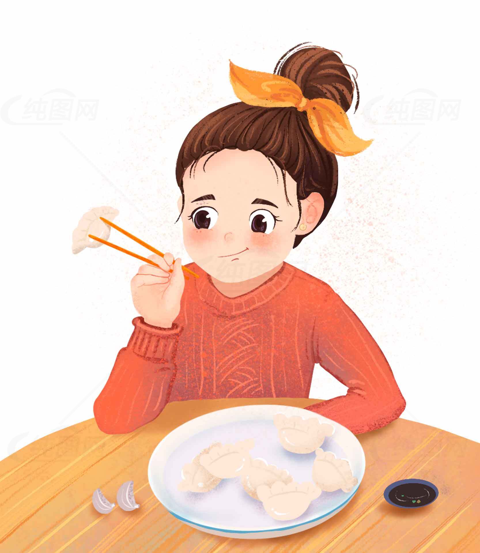 温馨家庭用餐插画：女孩享用美味饺子素材