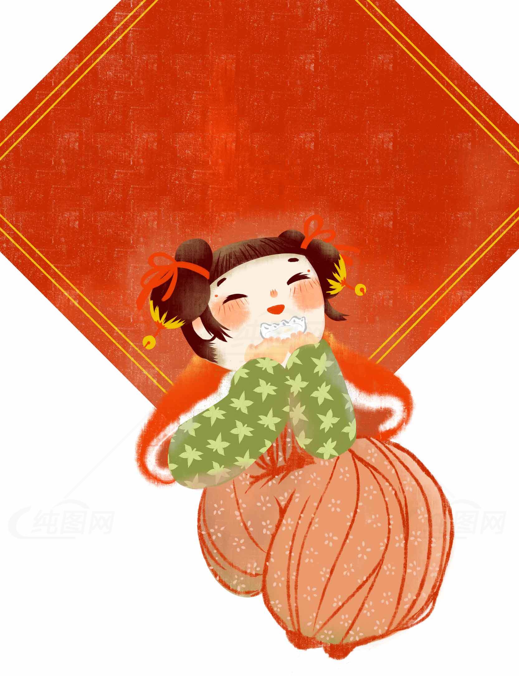 中国传统新年插画：福娃迎春素材