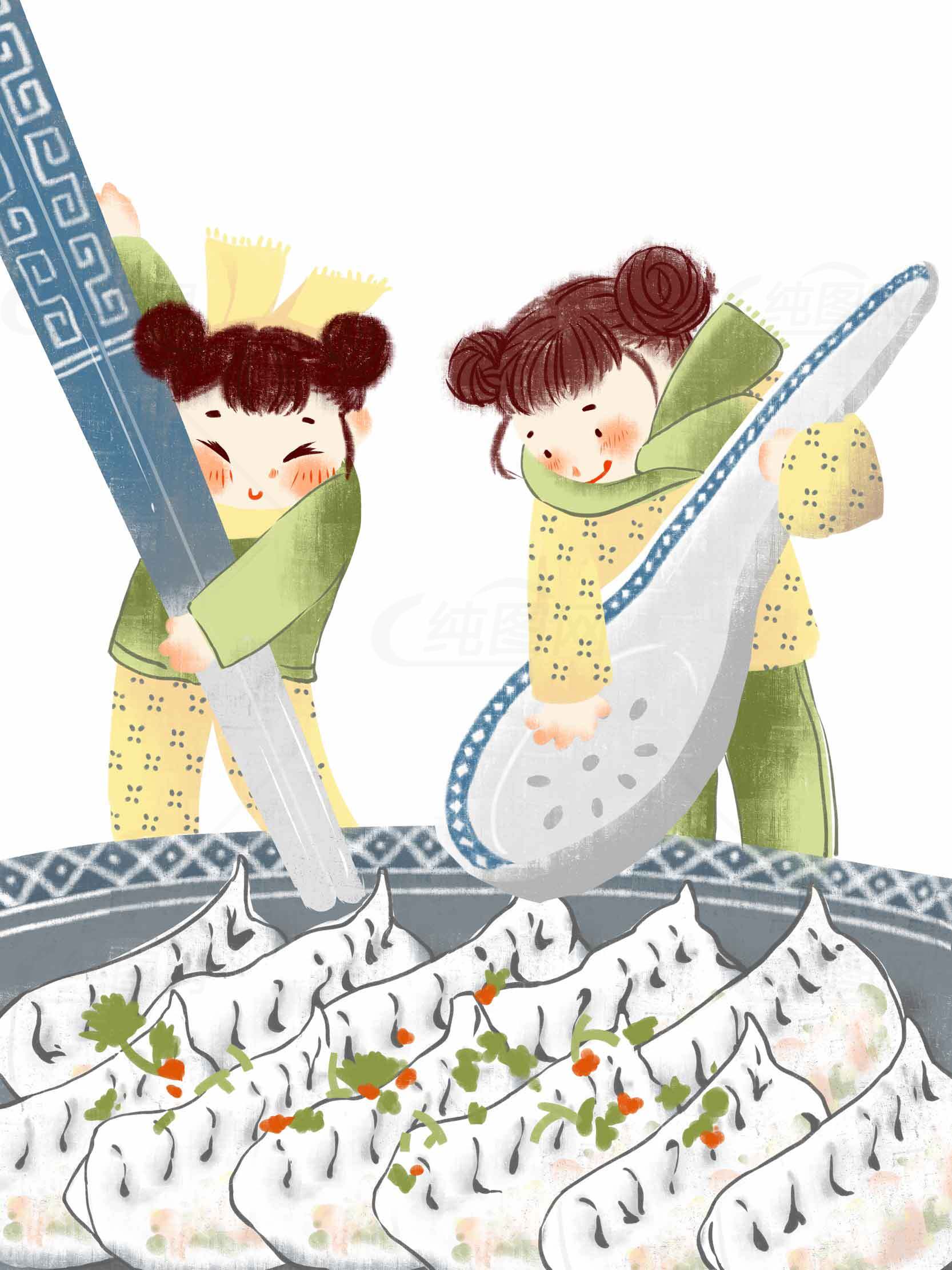 孩子们包饺子的温馨场景插画素材