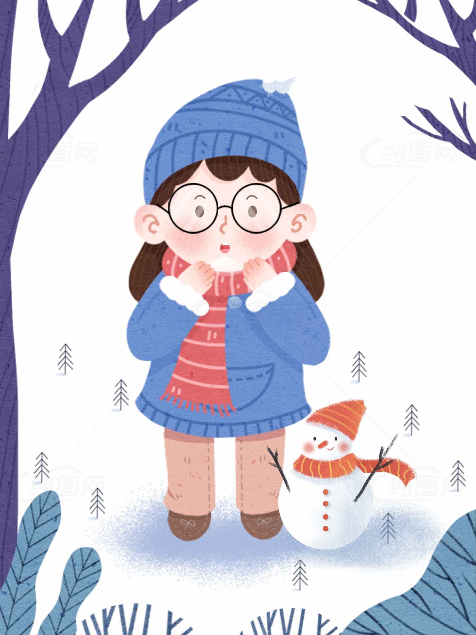 冬季雪地卡通插画：女孩与雪人素材