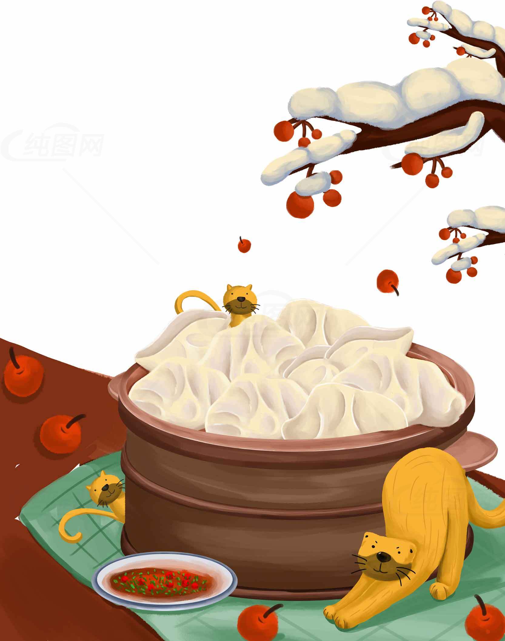 冬日暖心饺子与萌猫插画素材