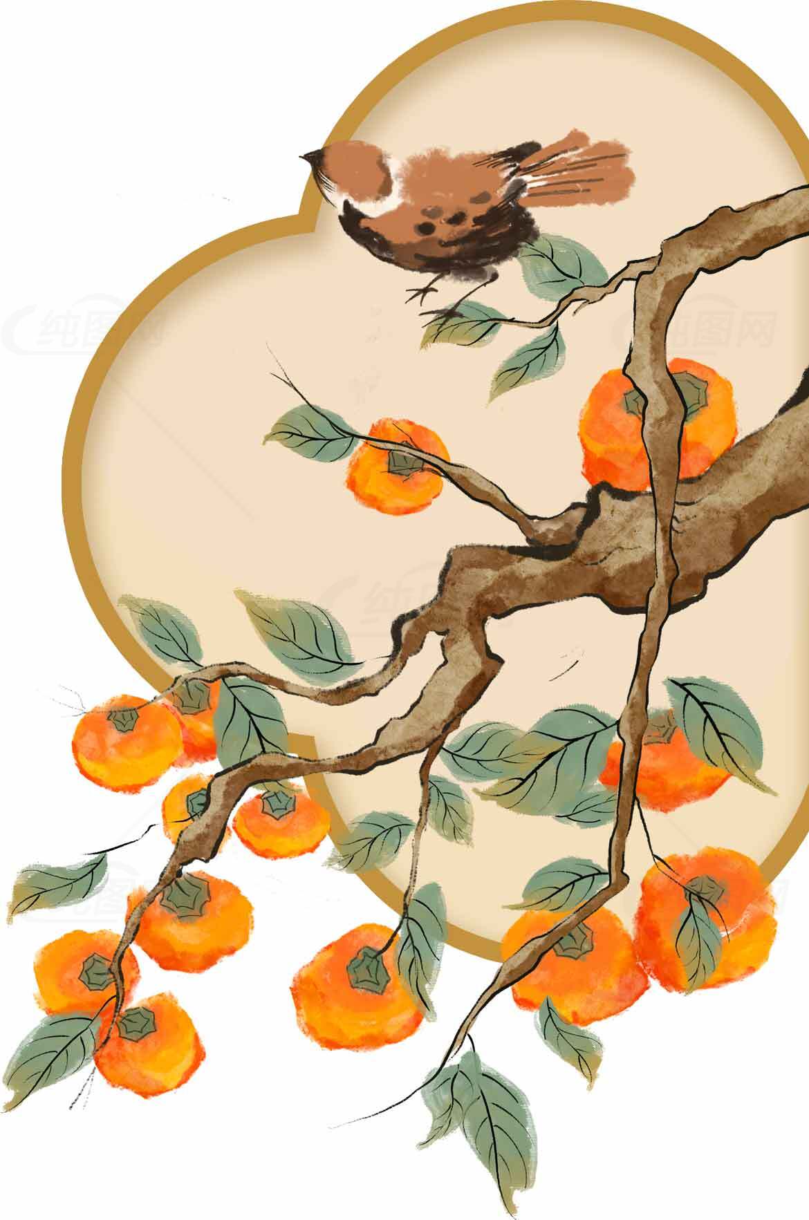 秋季柿子树与小鸟水墨画插图素材