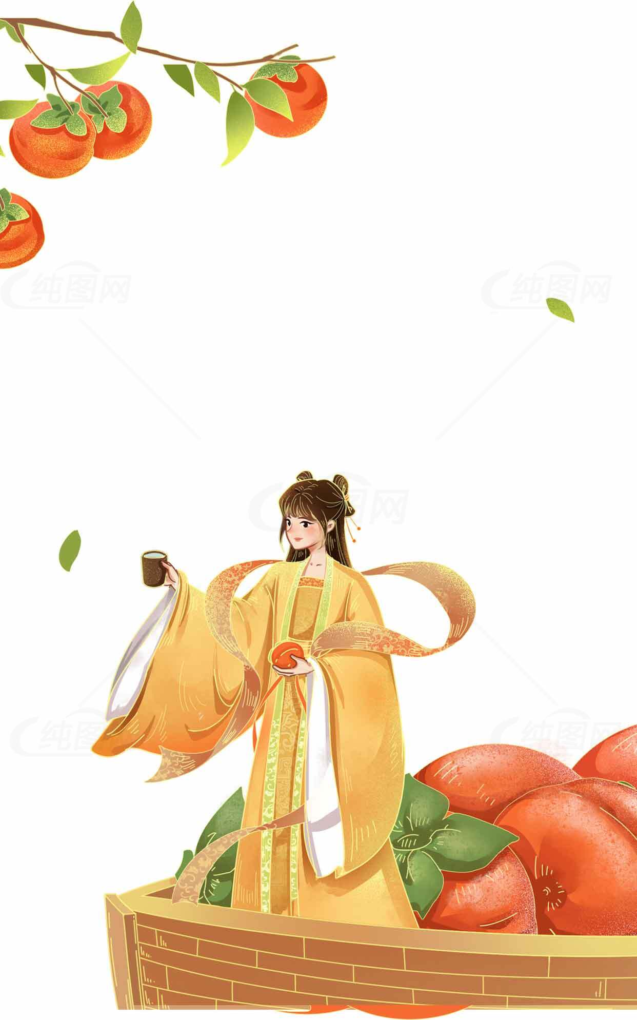 古风插画：柿子与传统服饰的唯美结合素材