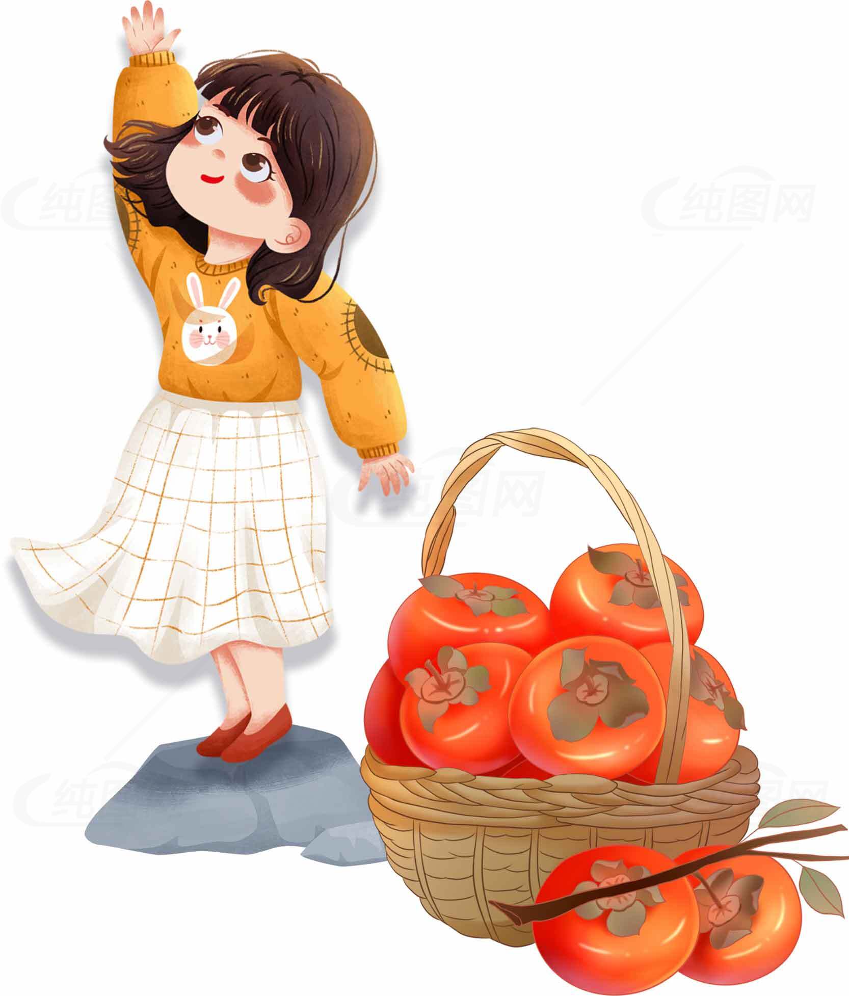 秋季插画女孩与柿子篮唯美场景素材