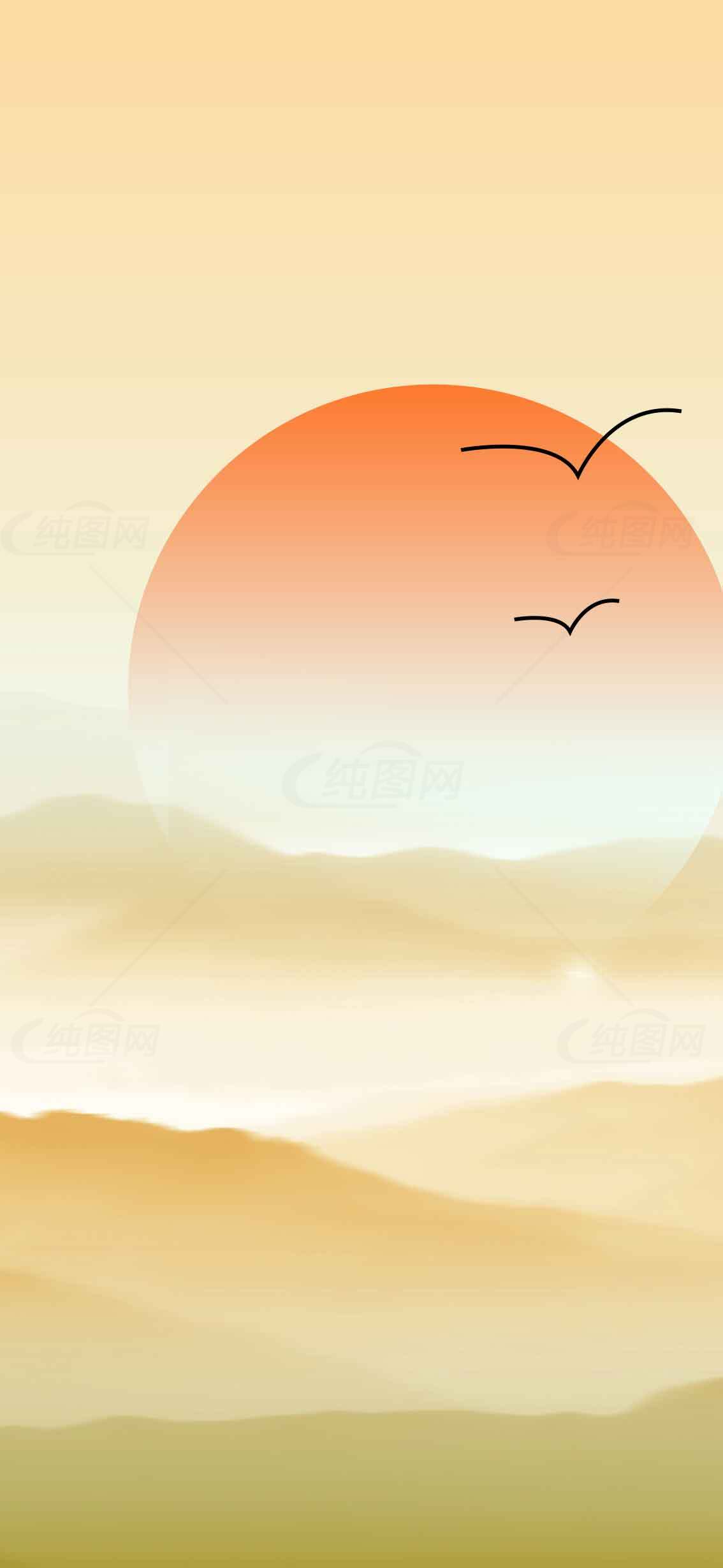 唯美日出山水风景插画壁纸素材