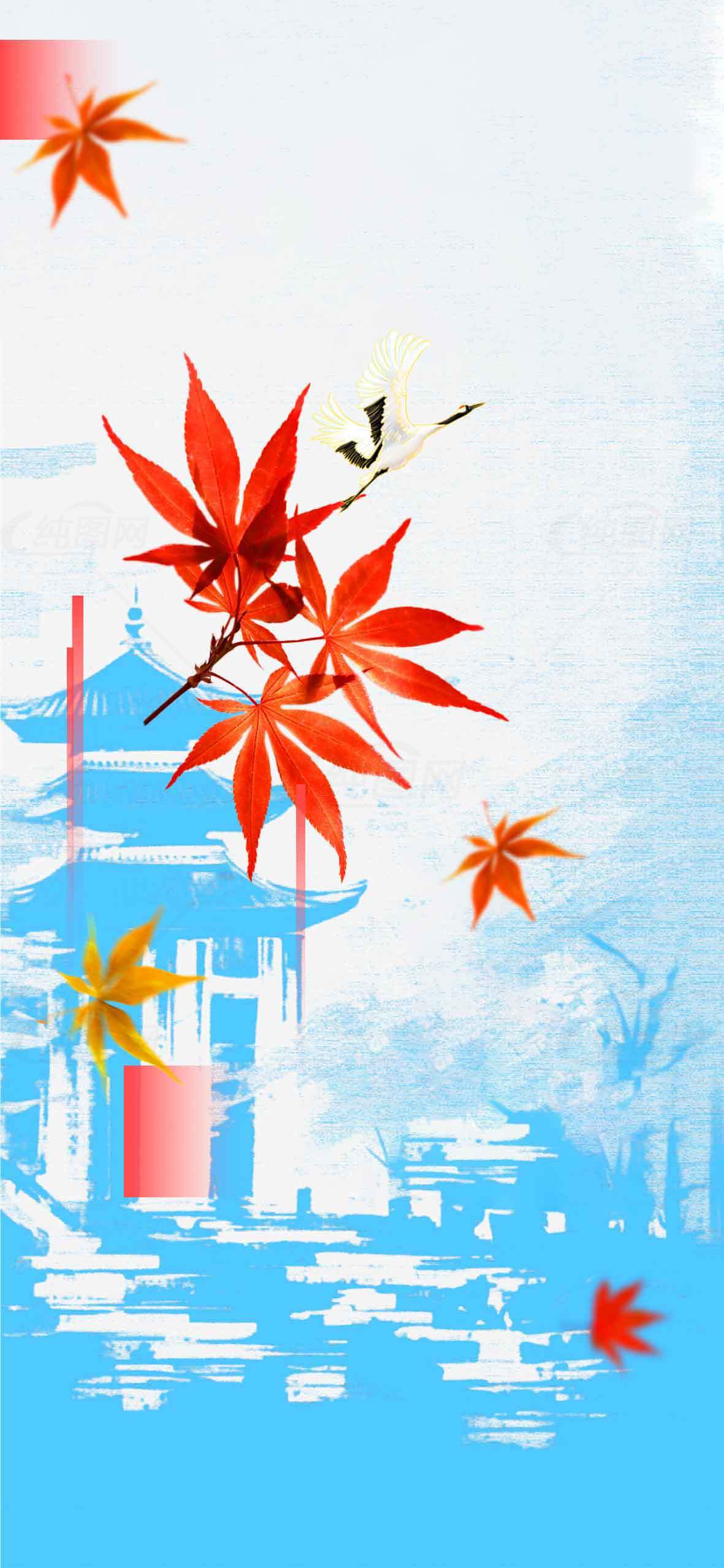 秋日枫叶与中国风建筑背景的唯美意境图片素材