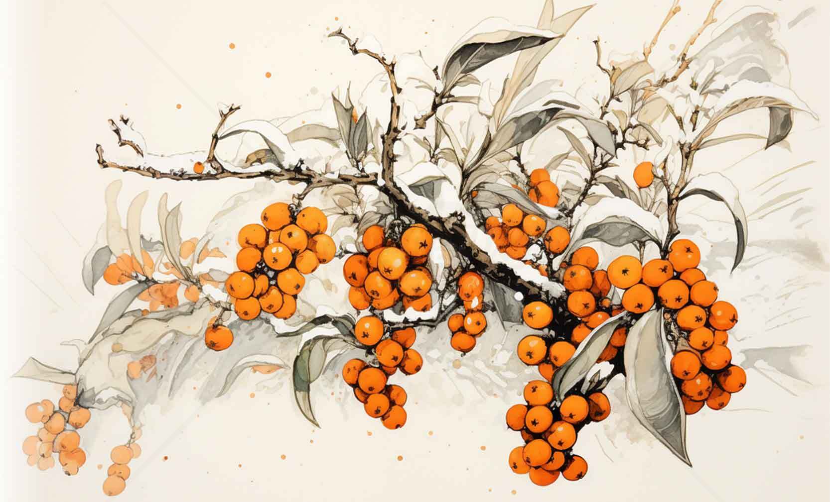 国画风格的橙色果实枝条艺术作品素材