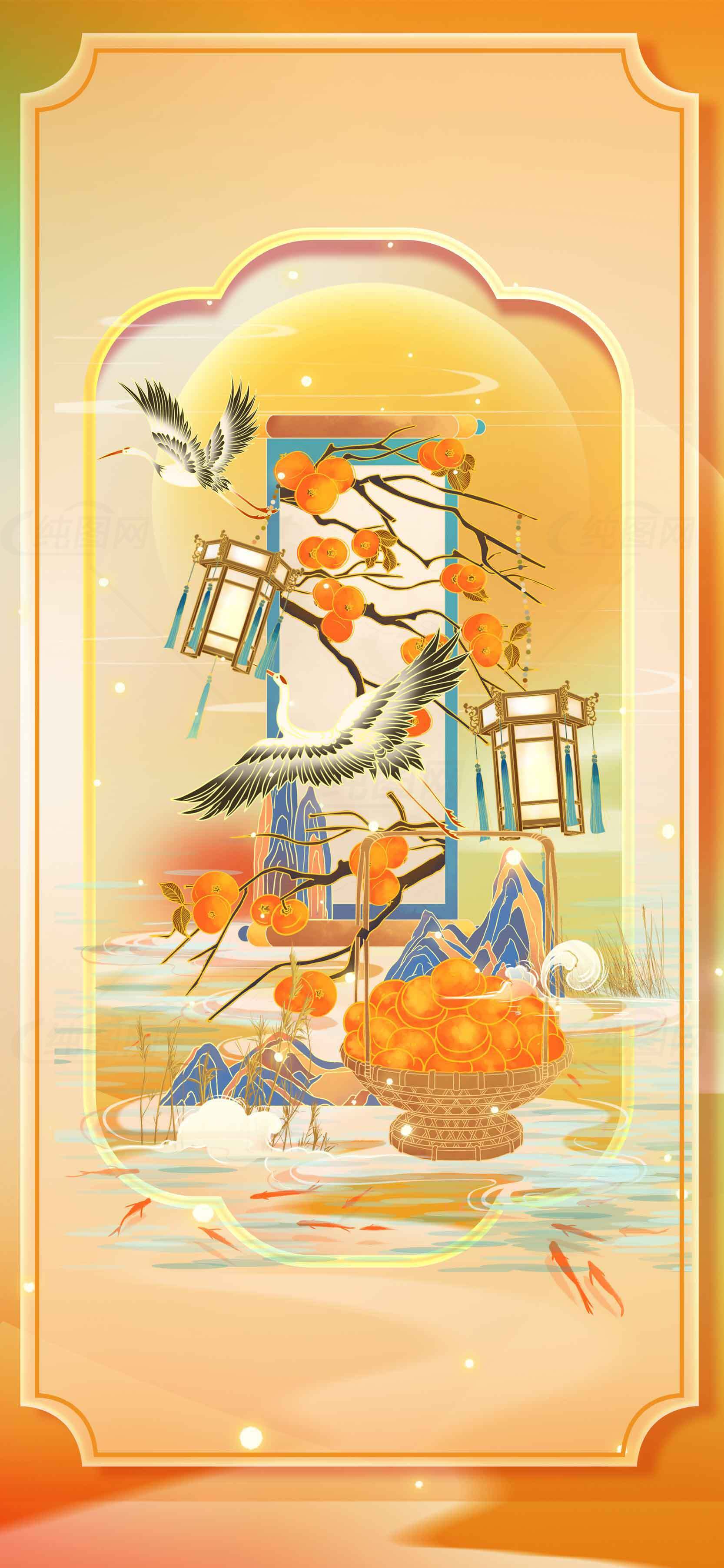 国风柿子与仙鹤主题插画背景图片素材