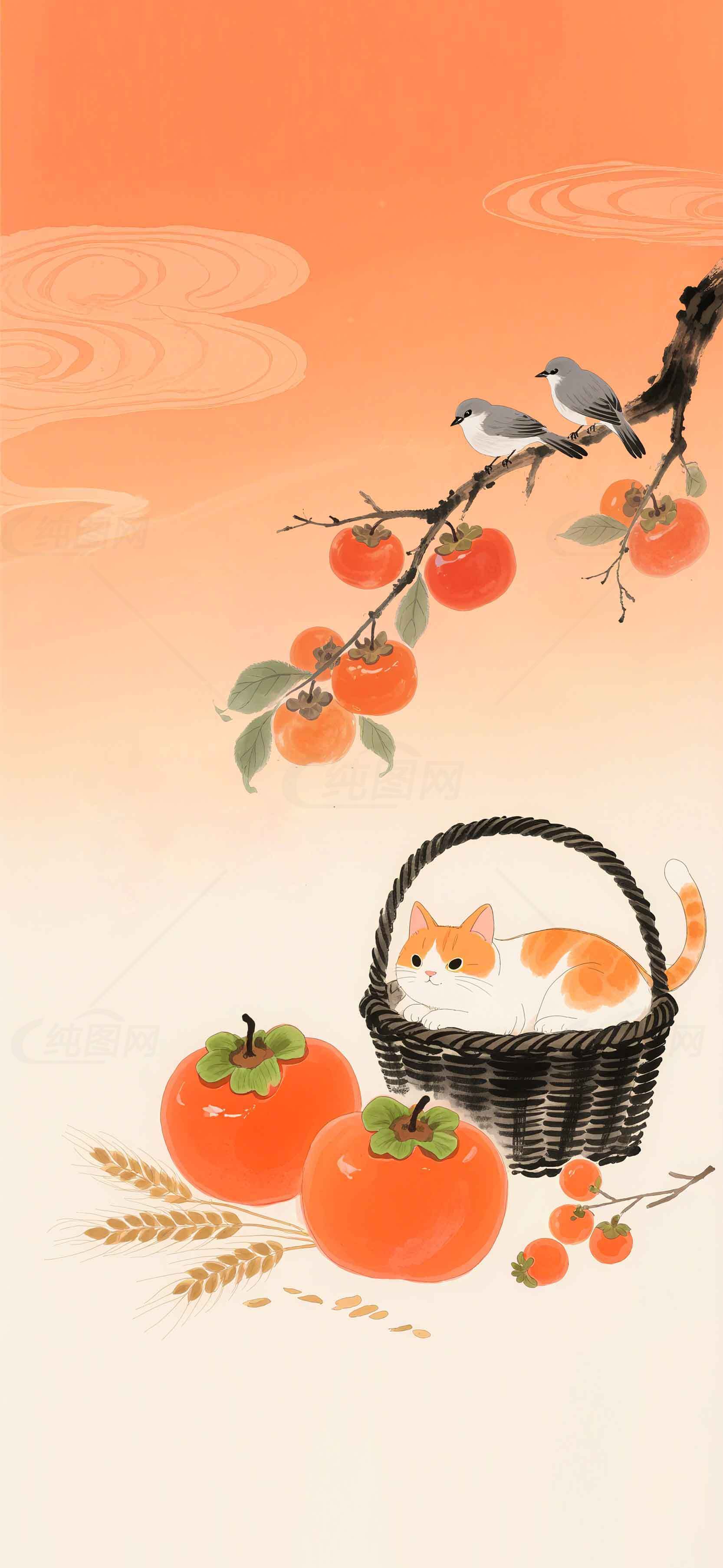 秋日插画：柿子与猫的温馨时光素材