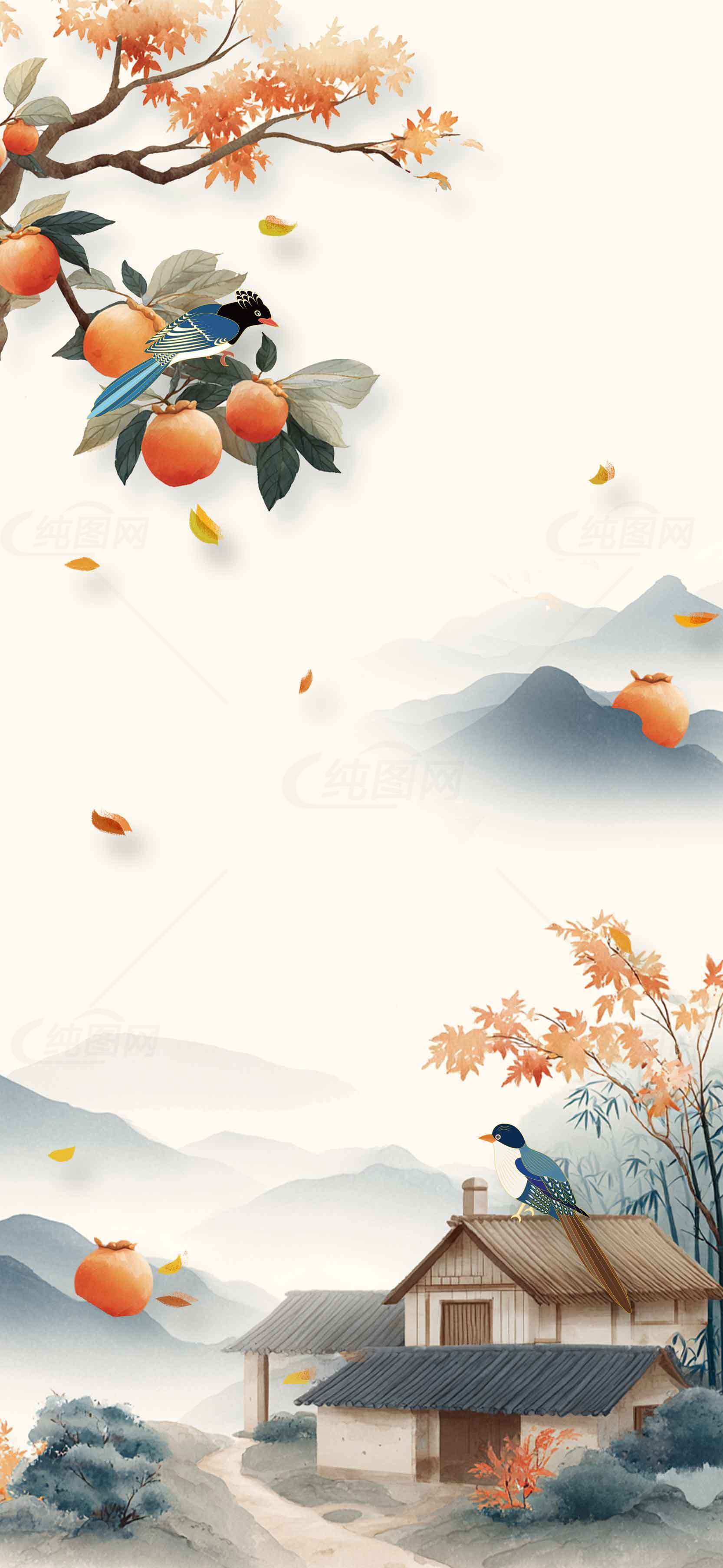 秋日田园风光国画背景图片素材