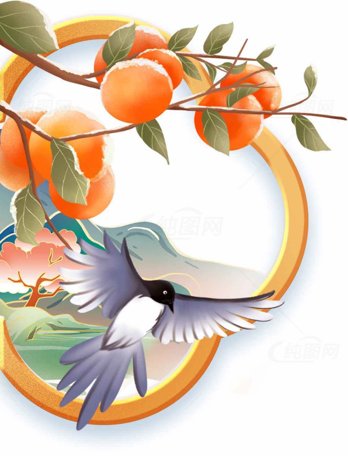 秋季丰收插画：柿子与喜鹊的唯美画面素材