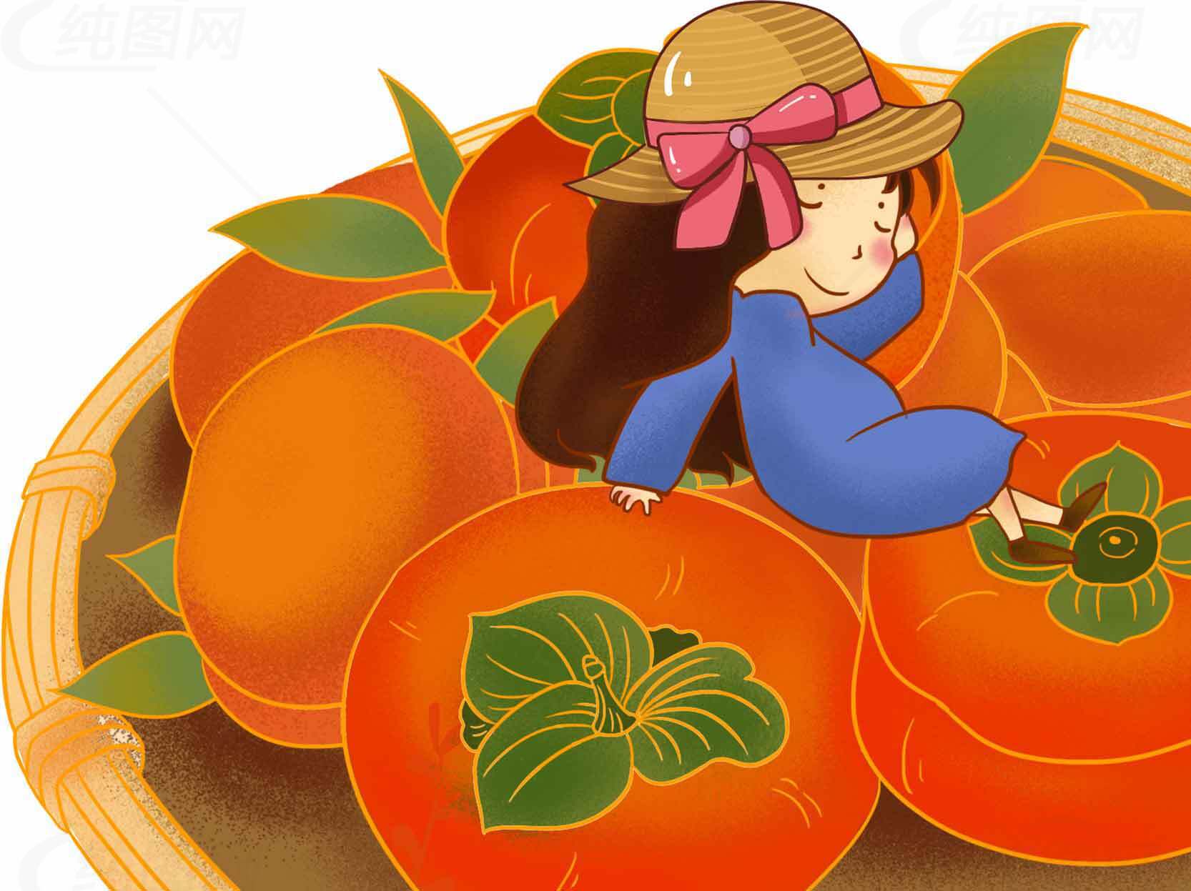 秋季柿子插画女孩可爱风格图片素材