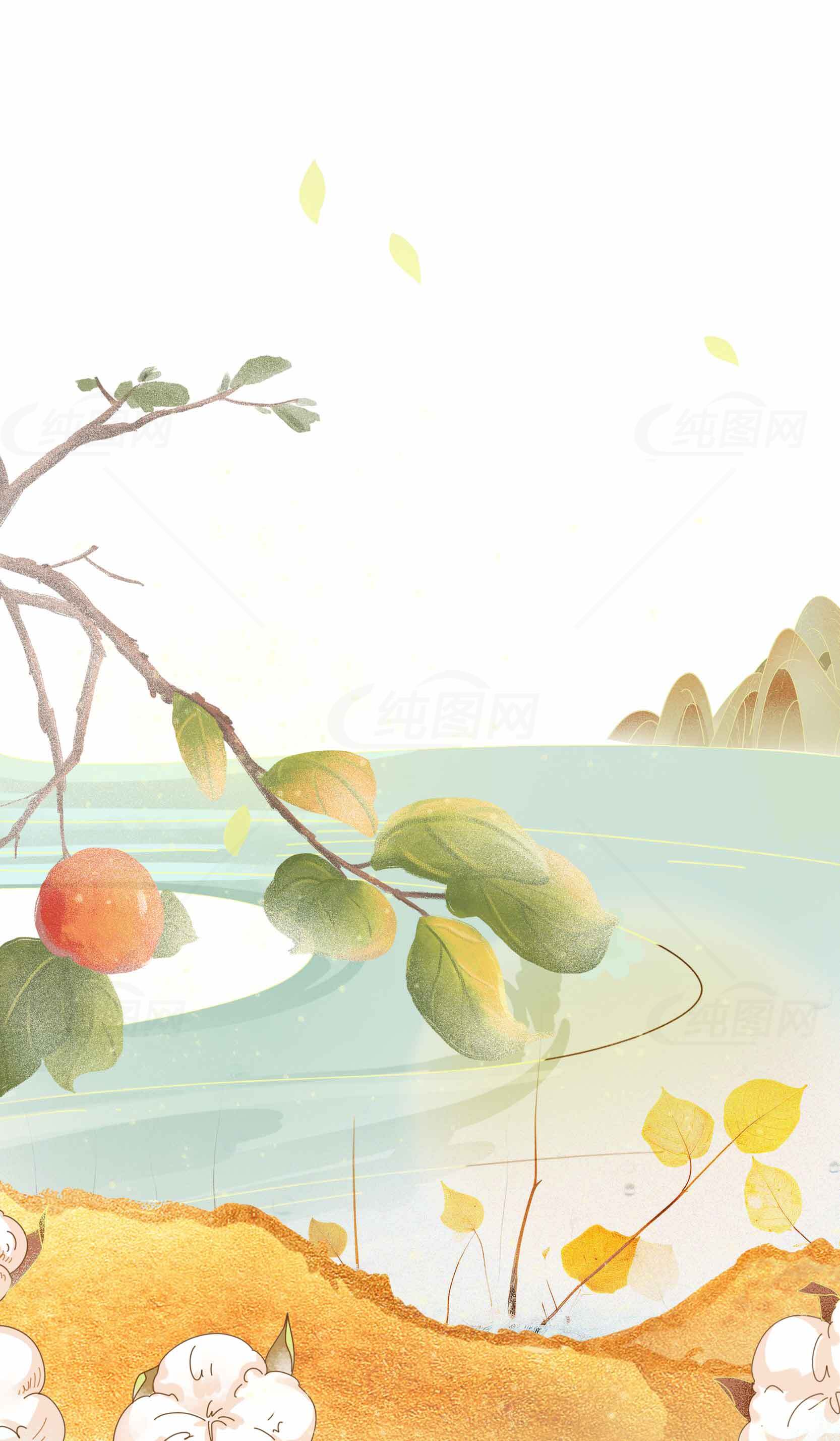 秋日田园风光水墨插画背景素材