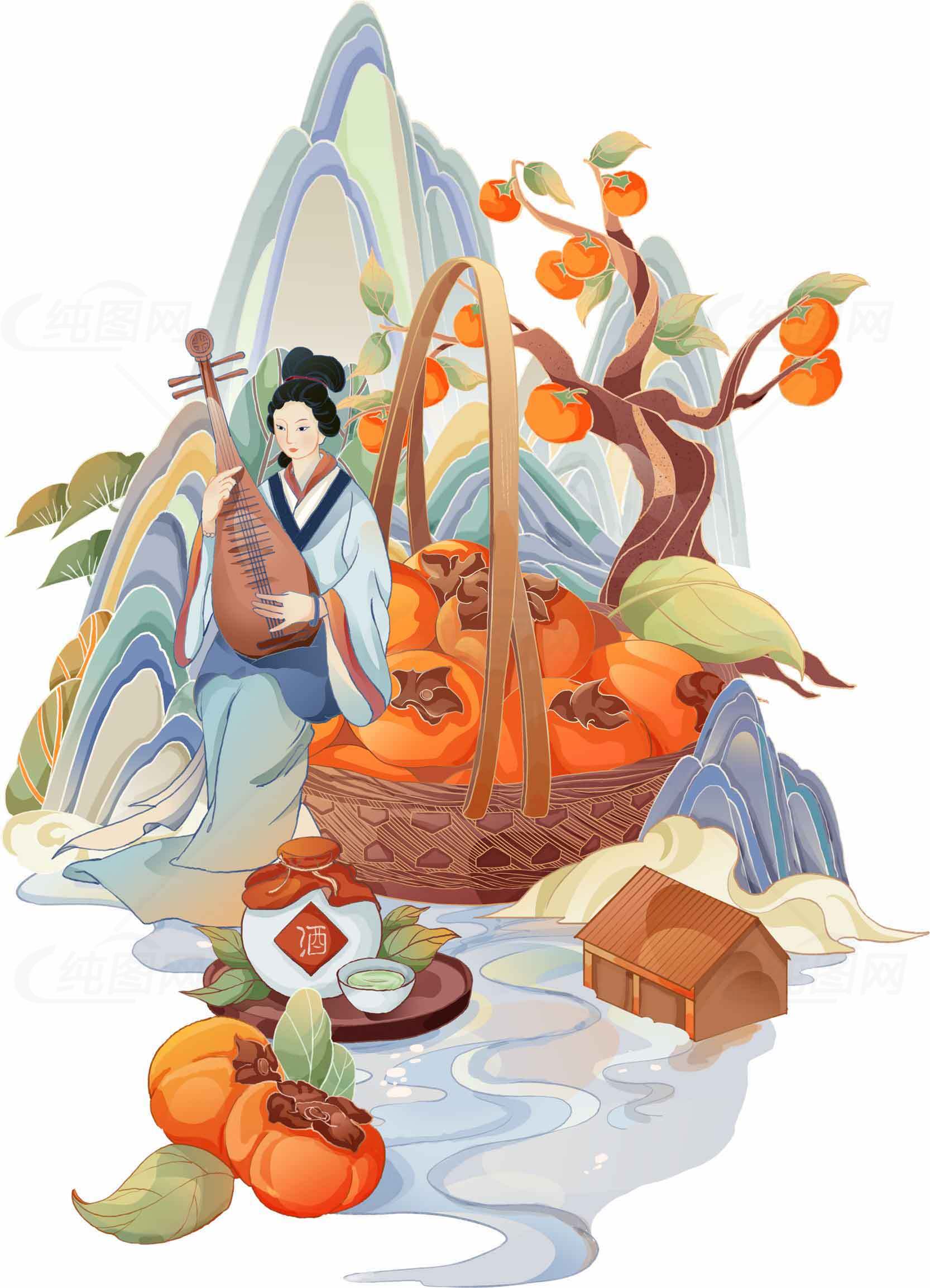 秋日柿子丰收插画：古风意境与自然之美素材