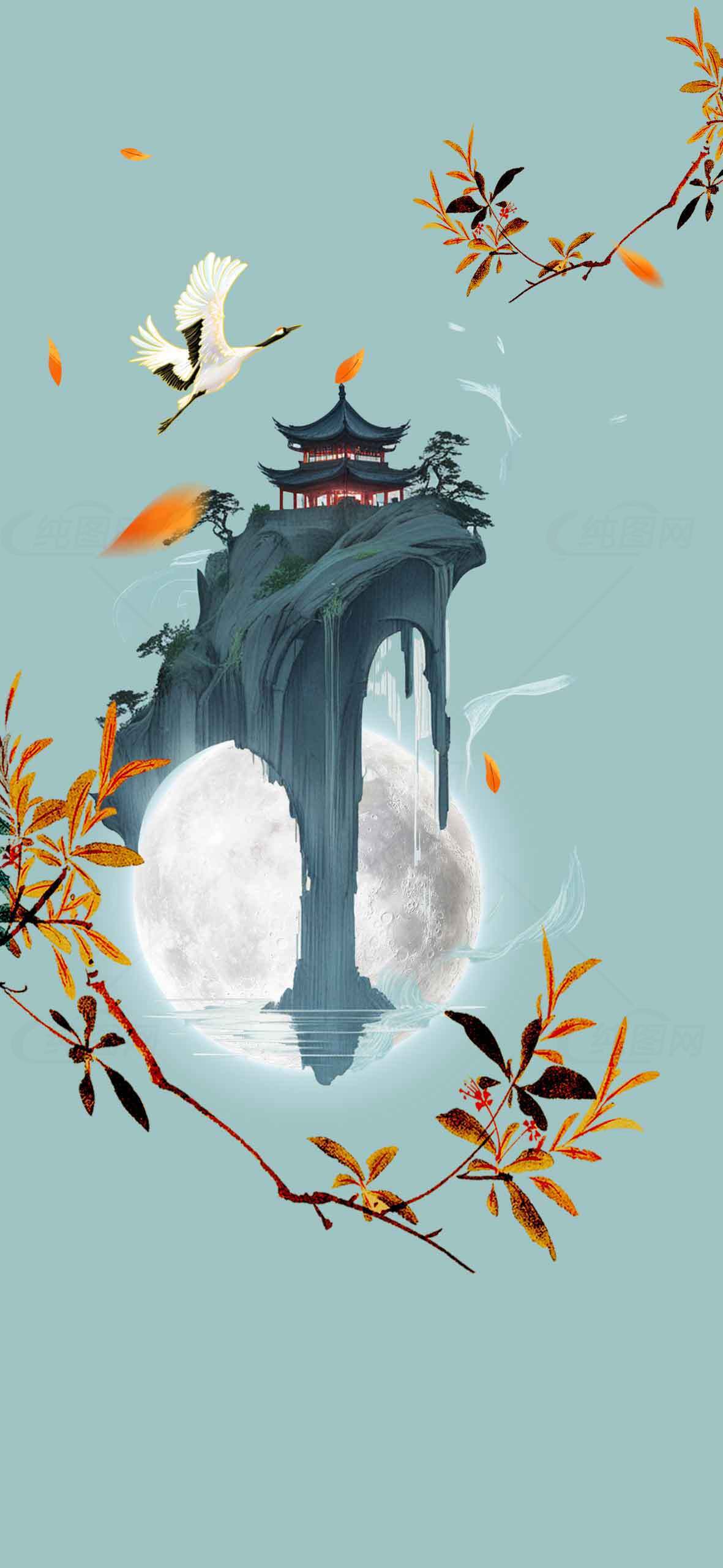 唯美古风山水插画：月下仙鹤与中式楼阁素材