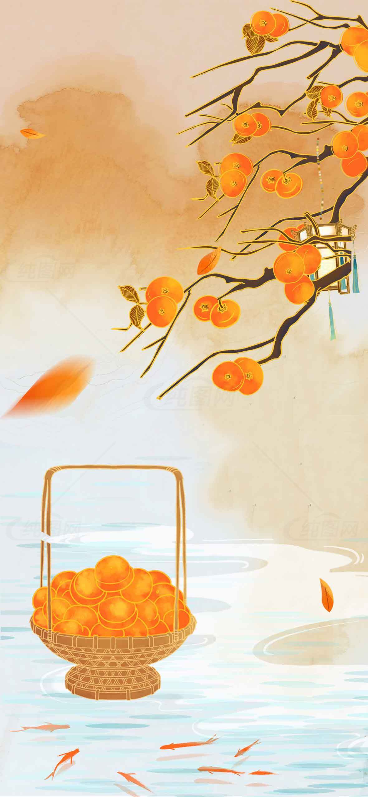 秋季柿子采摘丰收插画背景图素材