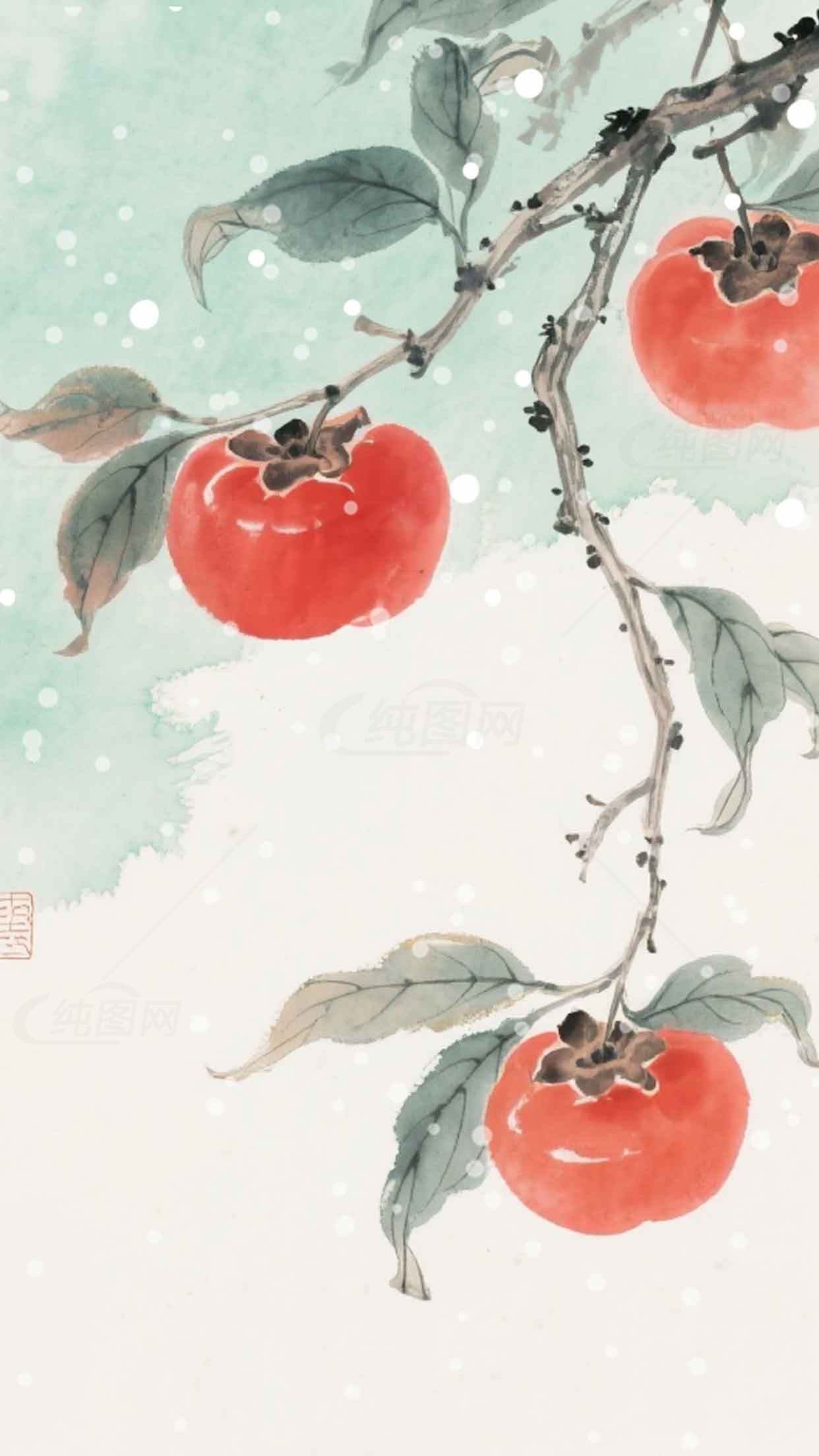 国画风格柿子插画：清新自然的艺术之美素材