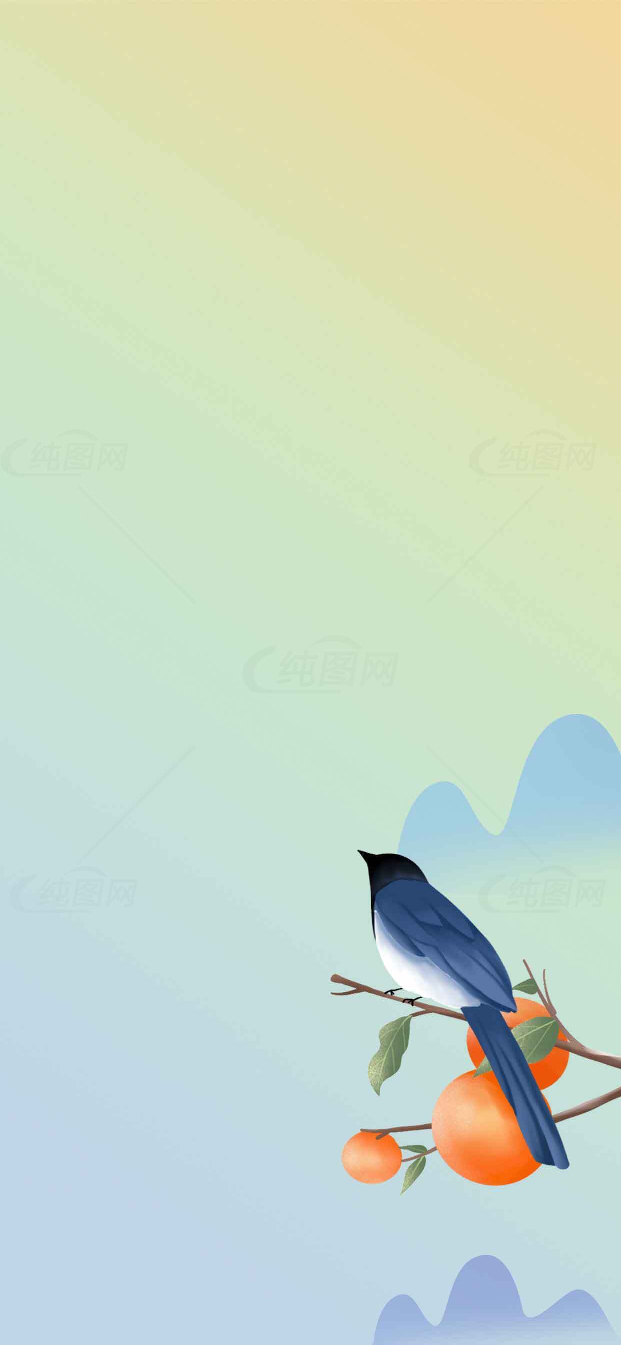 唯美插画背景：蓝色小鸟与橙色果实素材