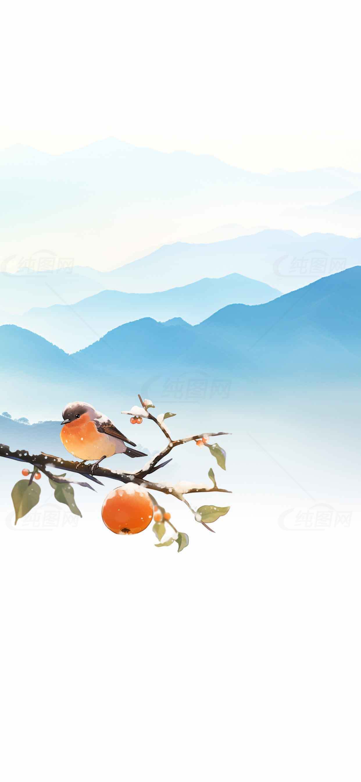 国风水墨山水画：柿子树上的小鸟素材