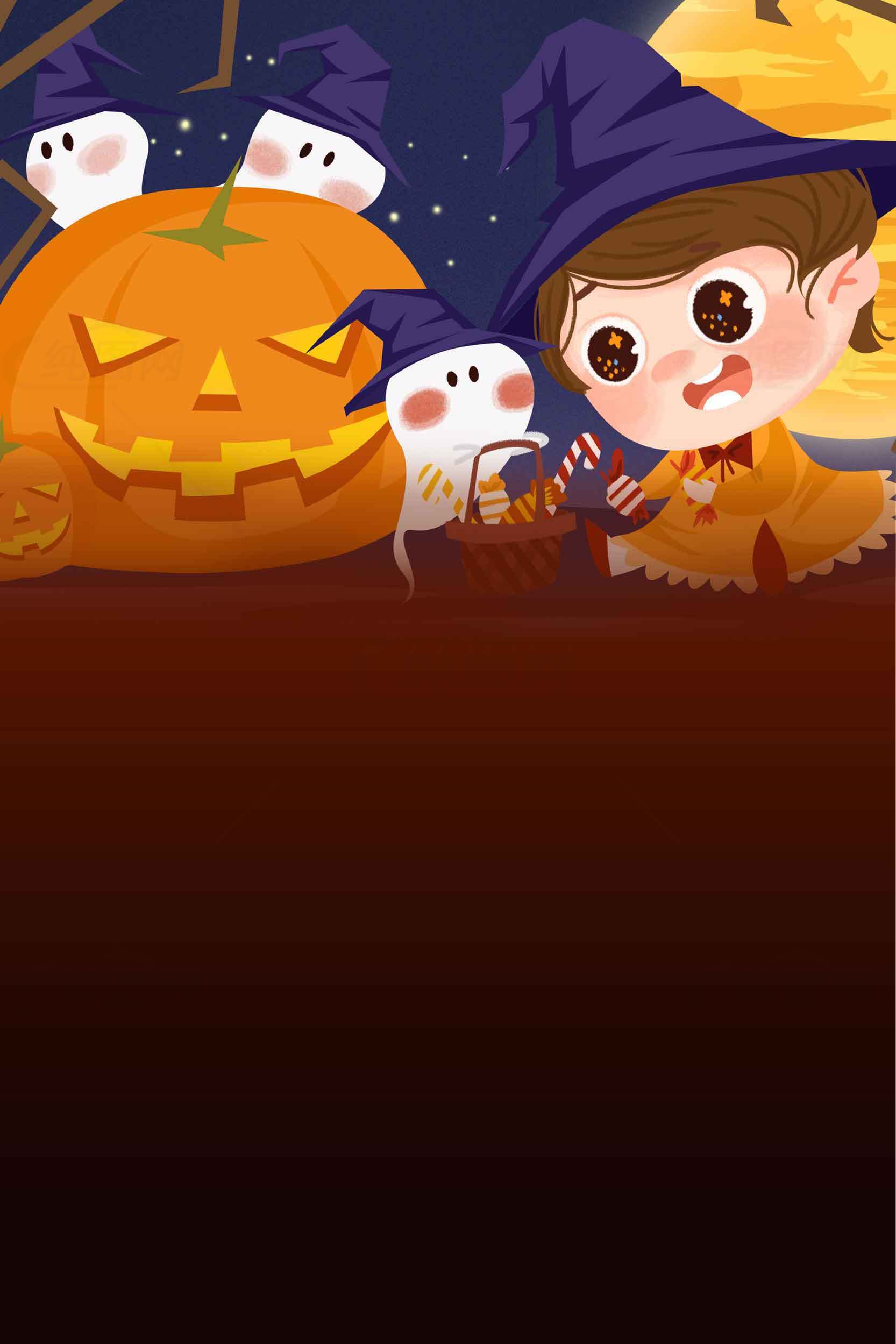 万圣节南瓜灯与小巫师插画背景素材