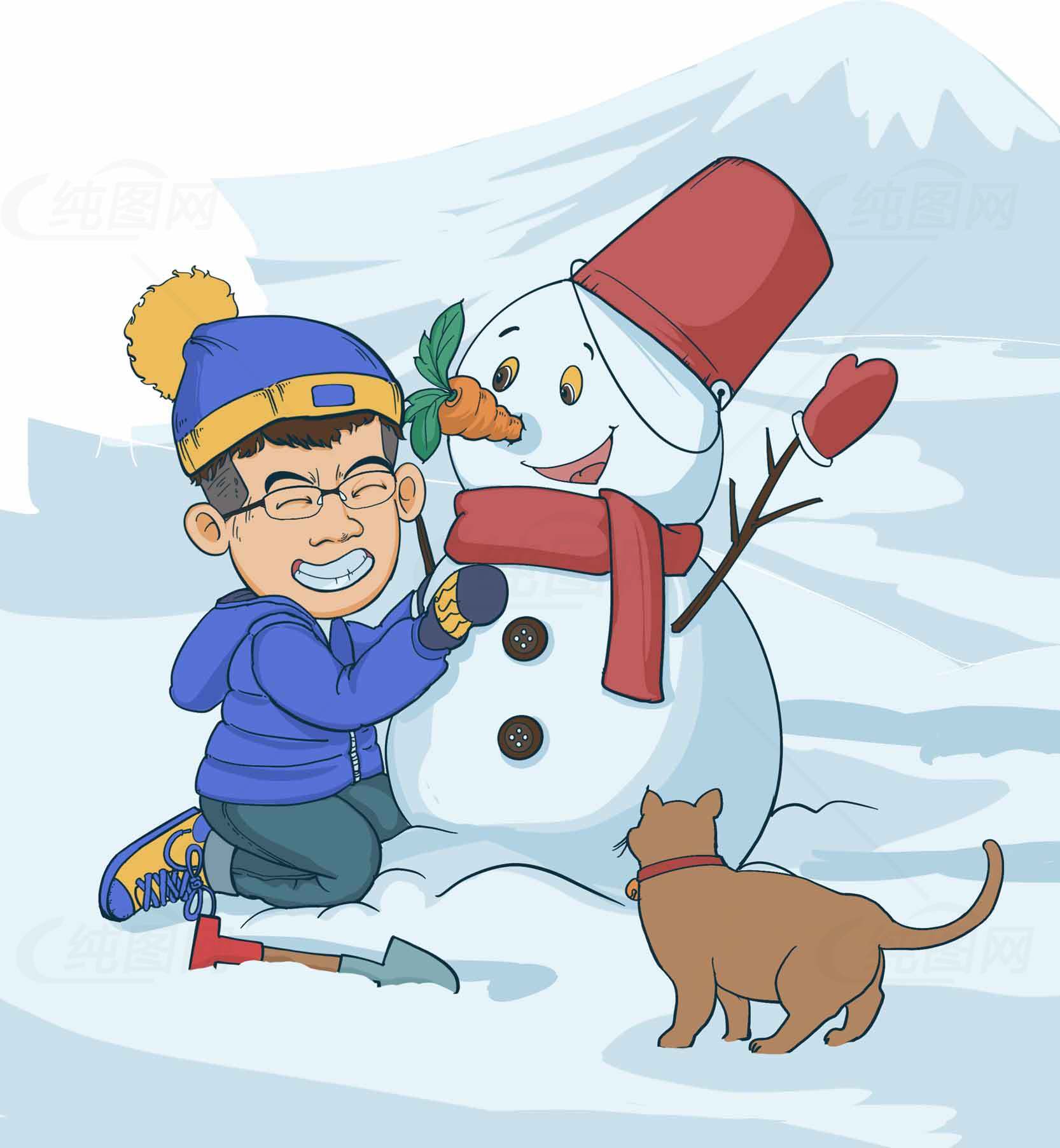 冬季雪人制作与儿童互动场景插画素材