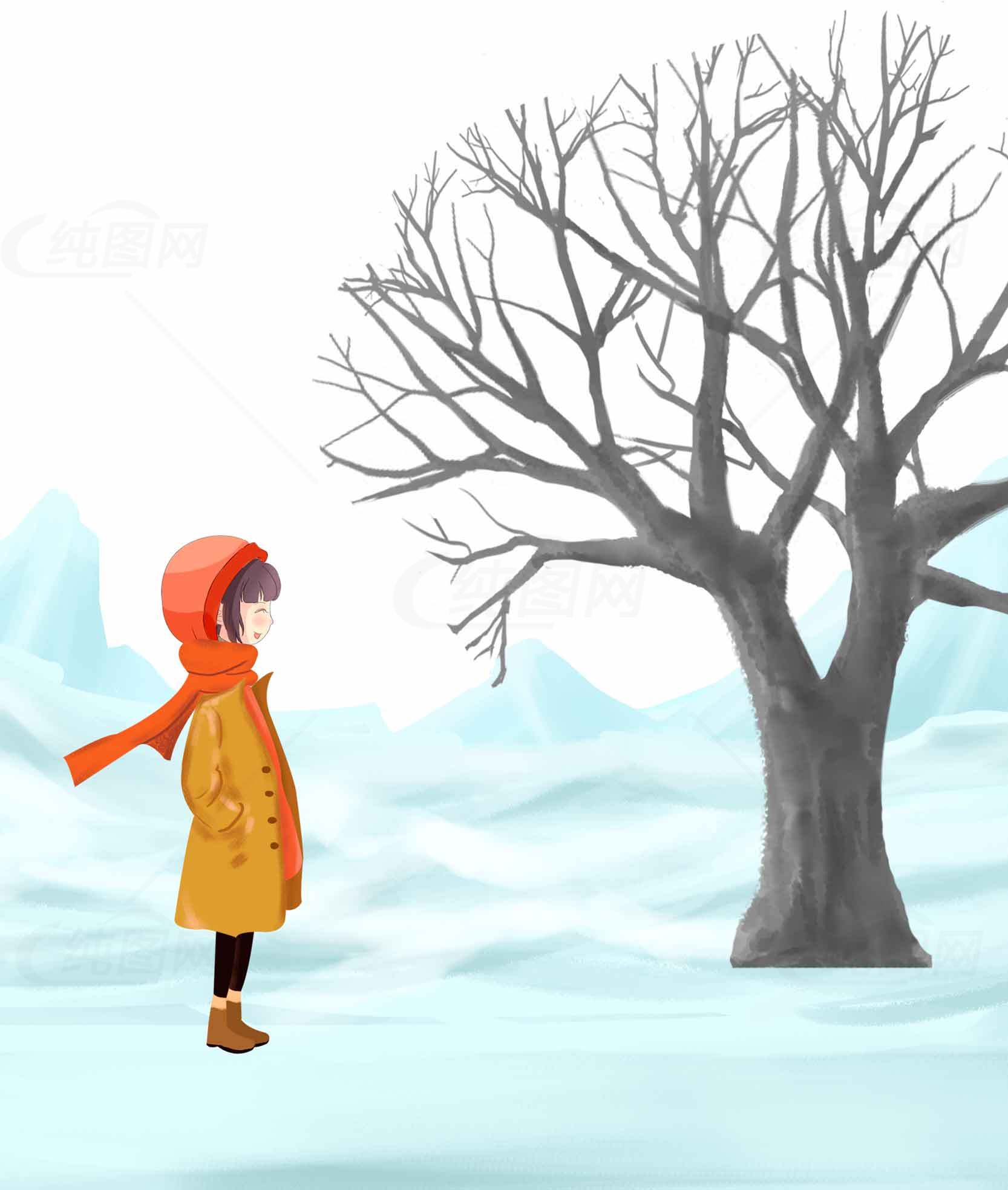 冬季雪景中的孤树与女孩插画素材