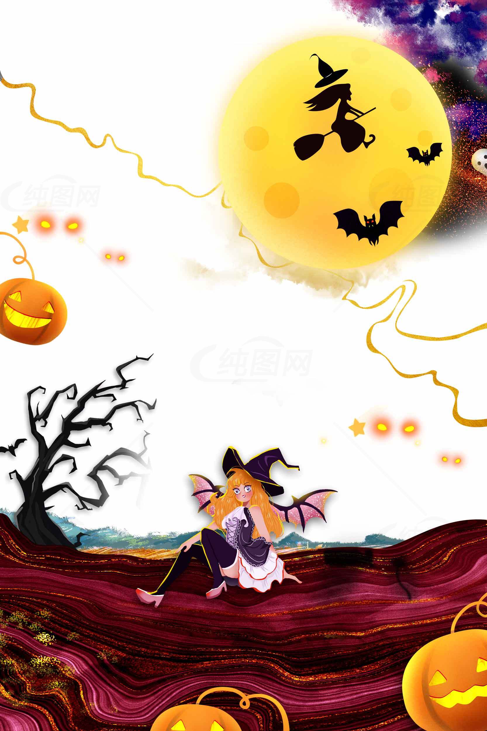 万圣节南瓜与女巫主题插画设计素材