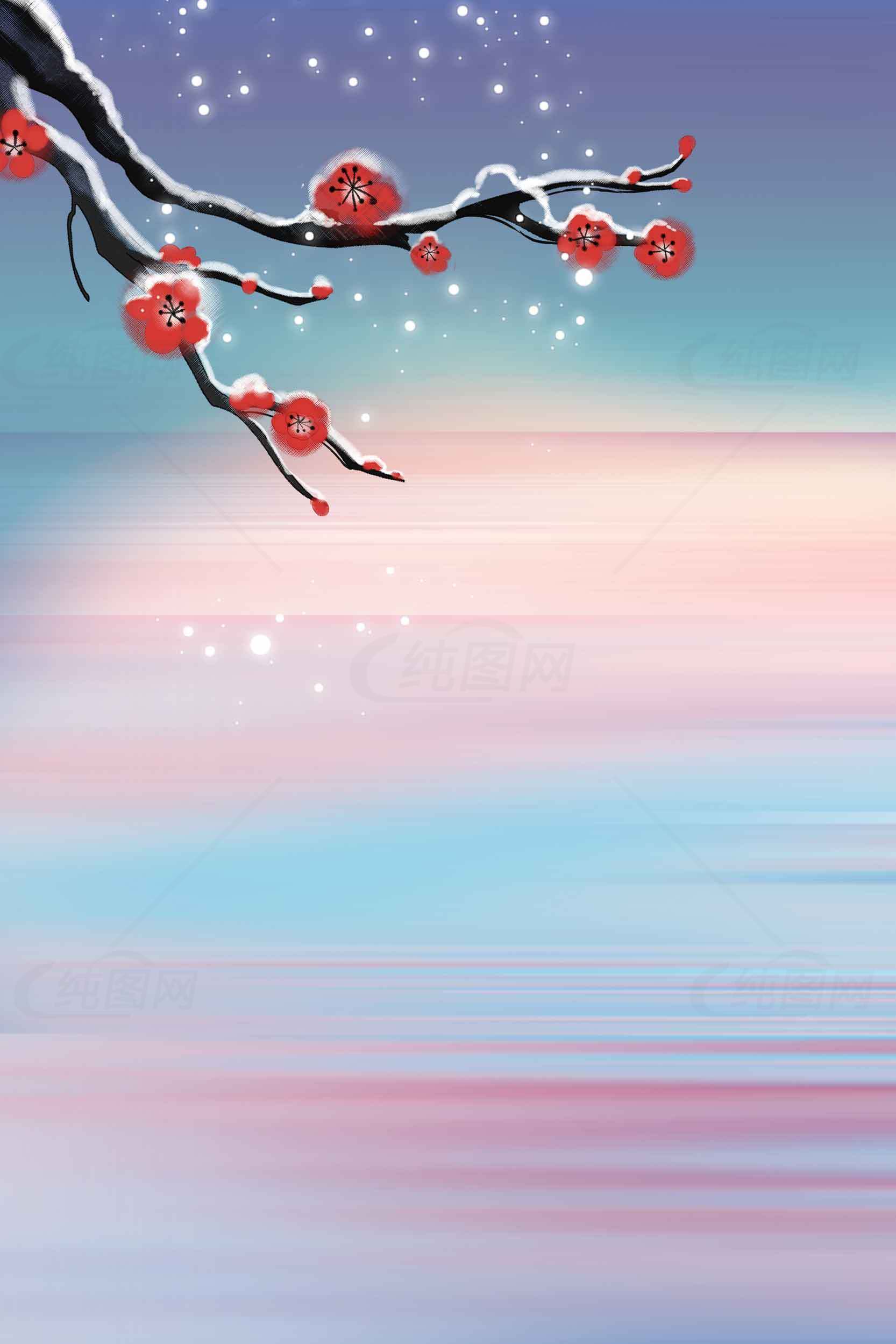唯美冬日梅花与梦幻湖面背景图片素材