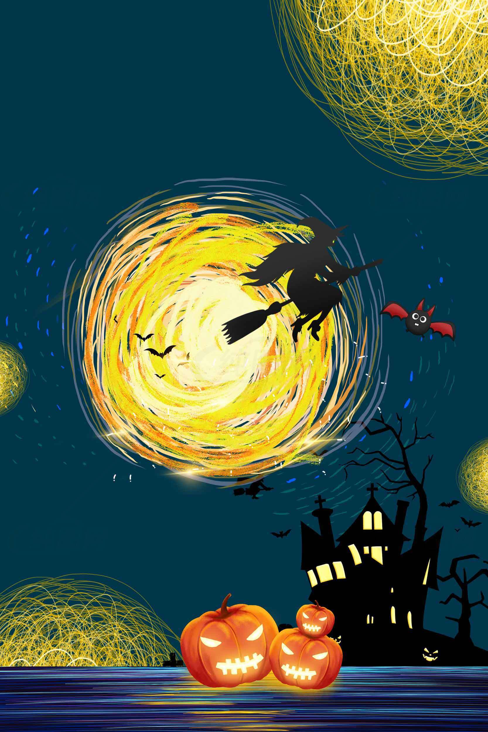 万圣节南瓜与女巫夜空插画素材