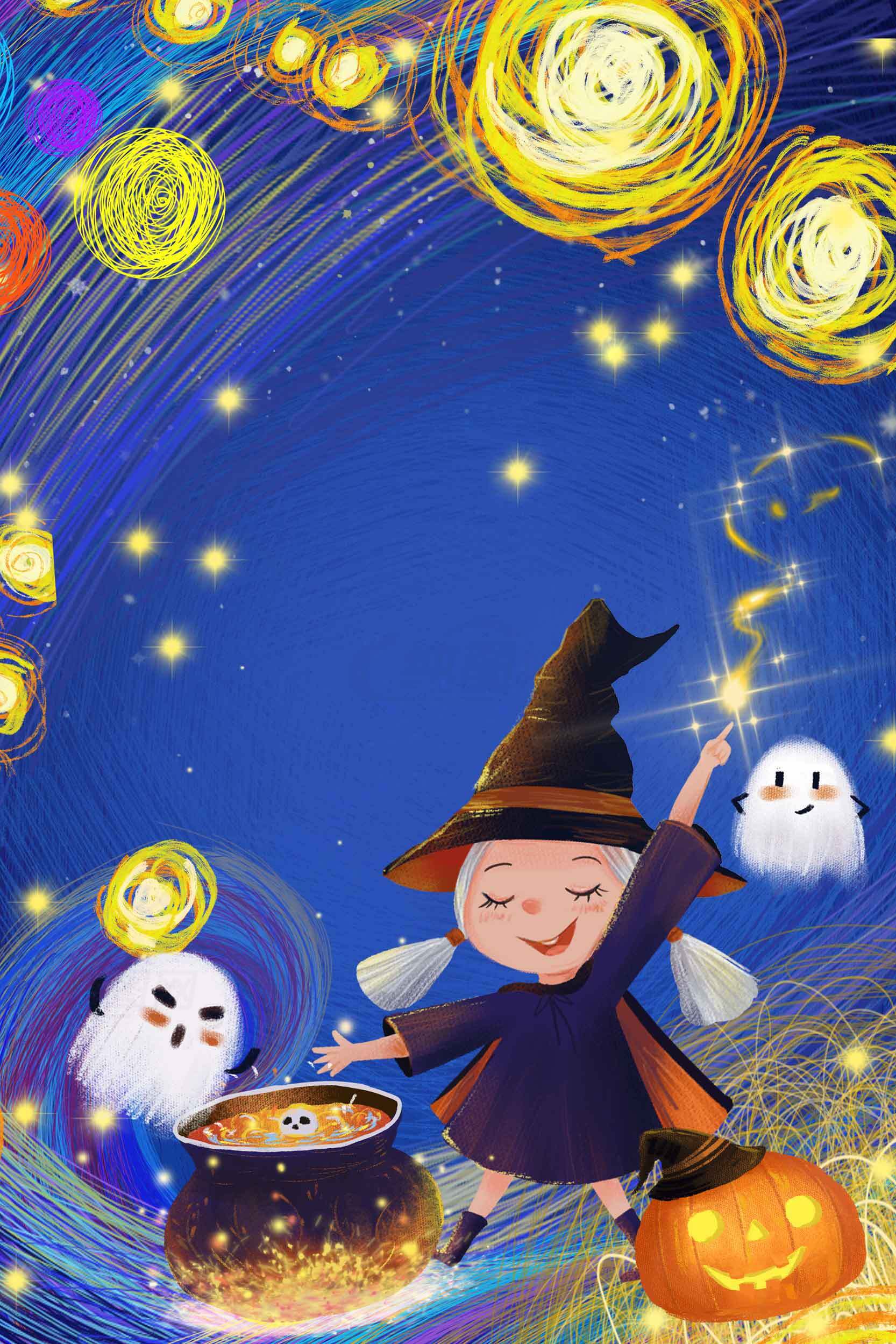 万圣节女巫与星空背景插画素材