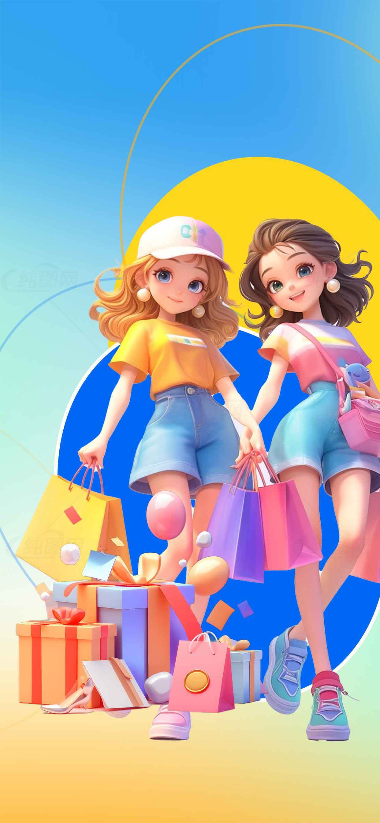 时尚购物女孩插画设计素材