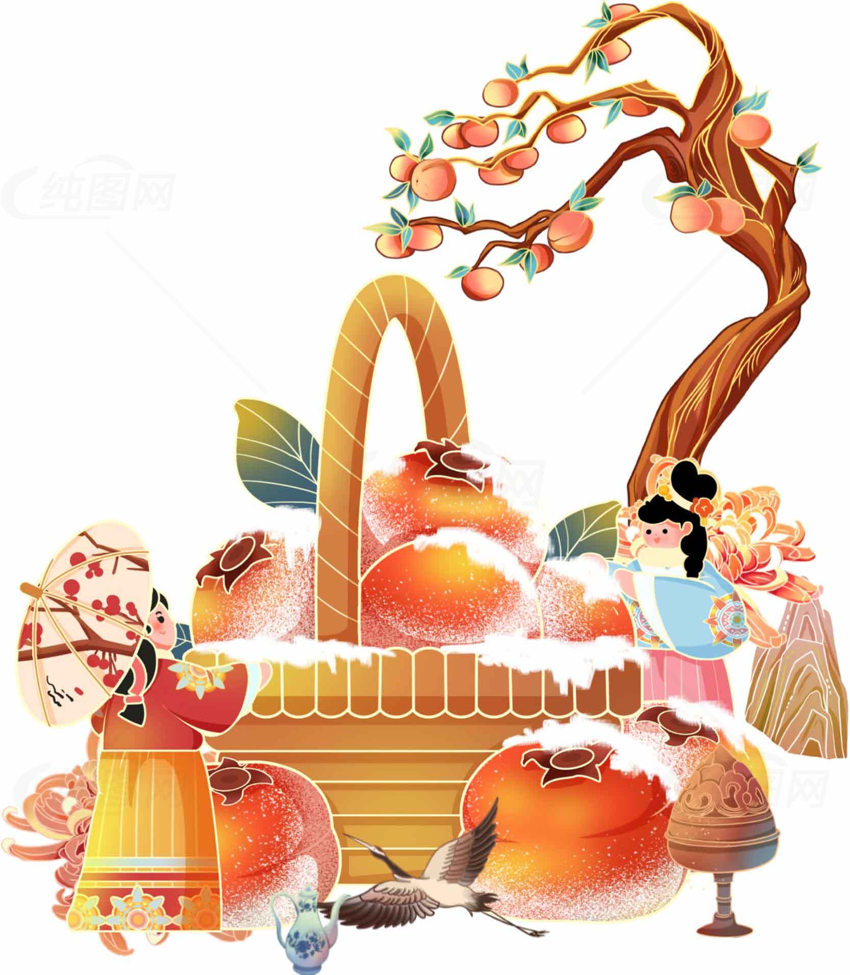 丰收的柿子与秋季民俗插画素材