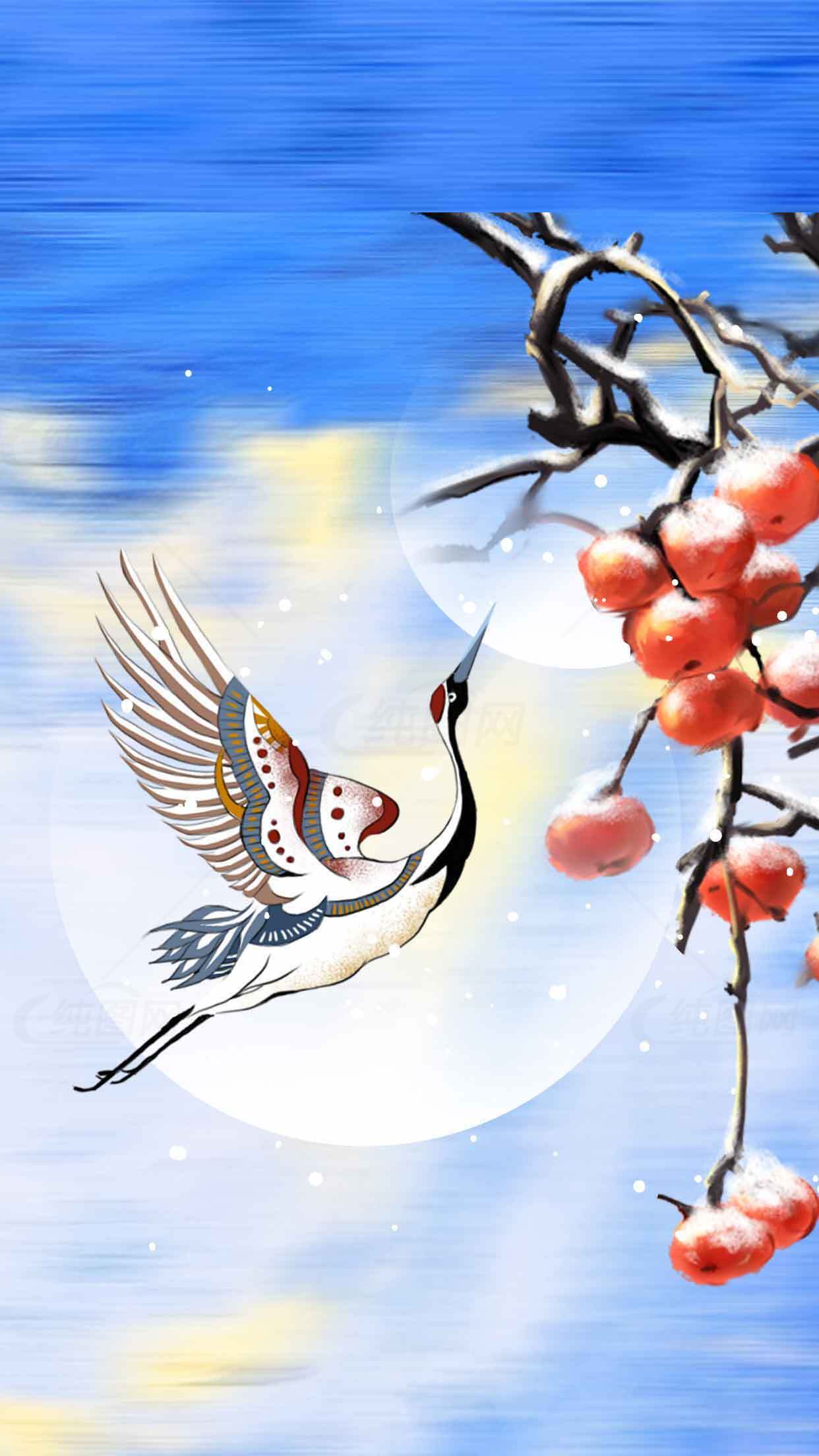 冬日红柿与飞鹤唯美插画背景图片素材