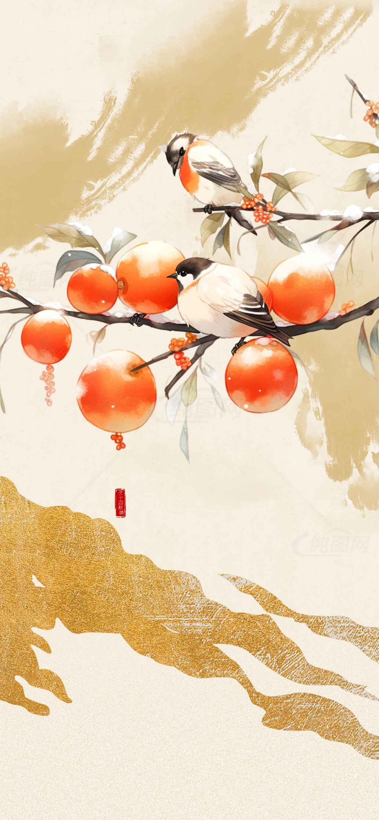 国风水墨画：柿子与鸟的唯美意境素材