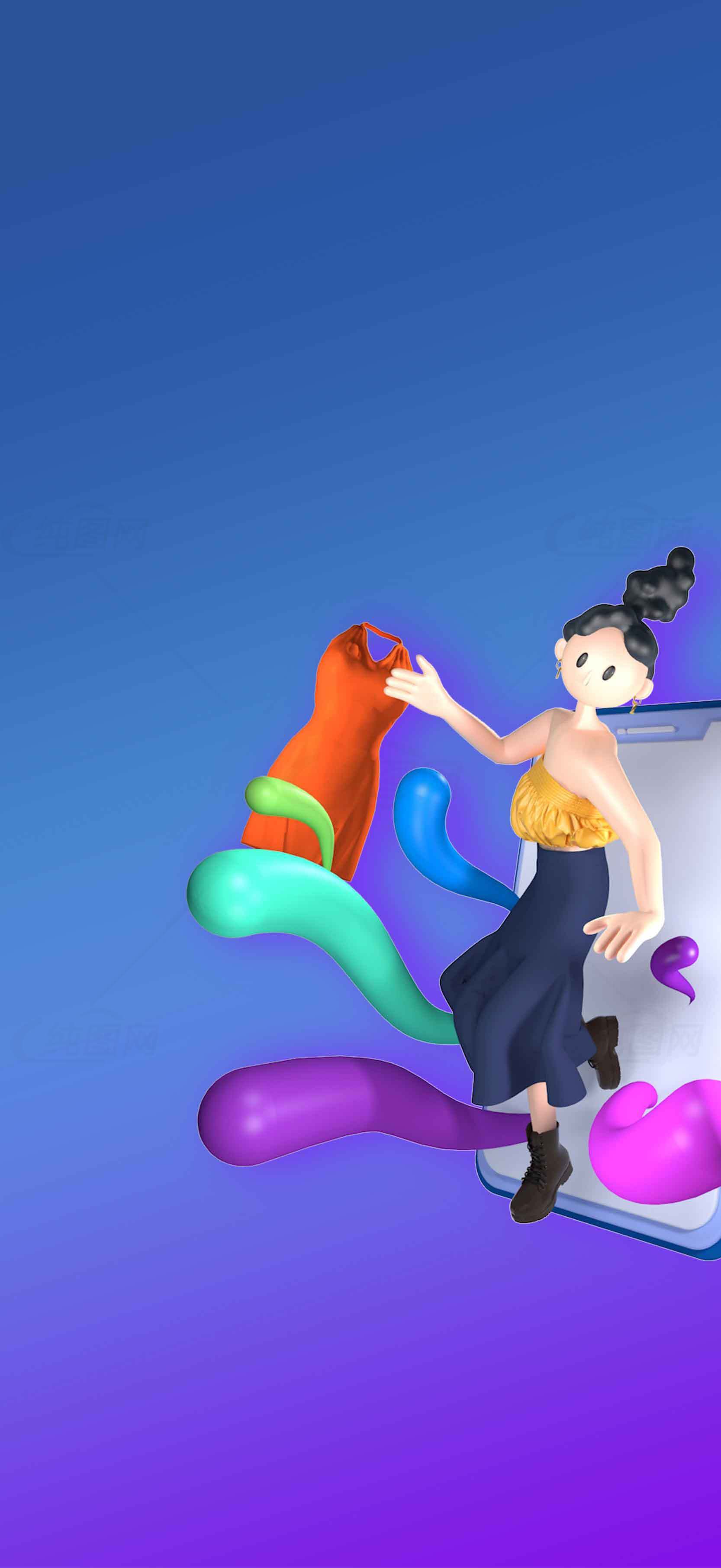 创意3D插画风格女性与手机互动场景素材