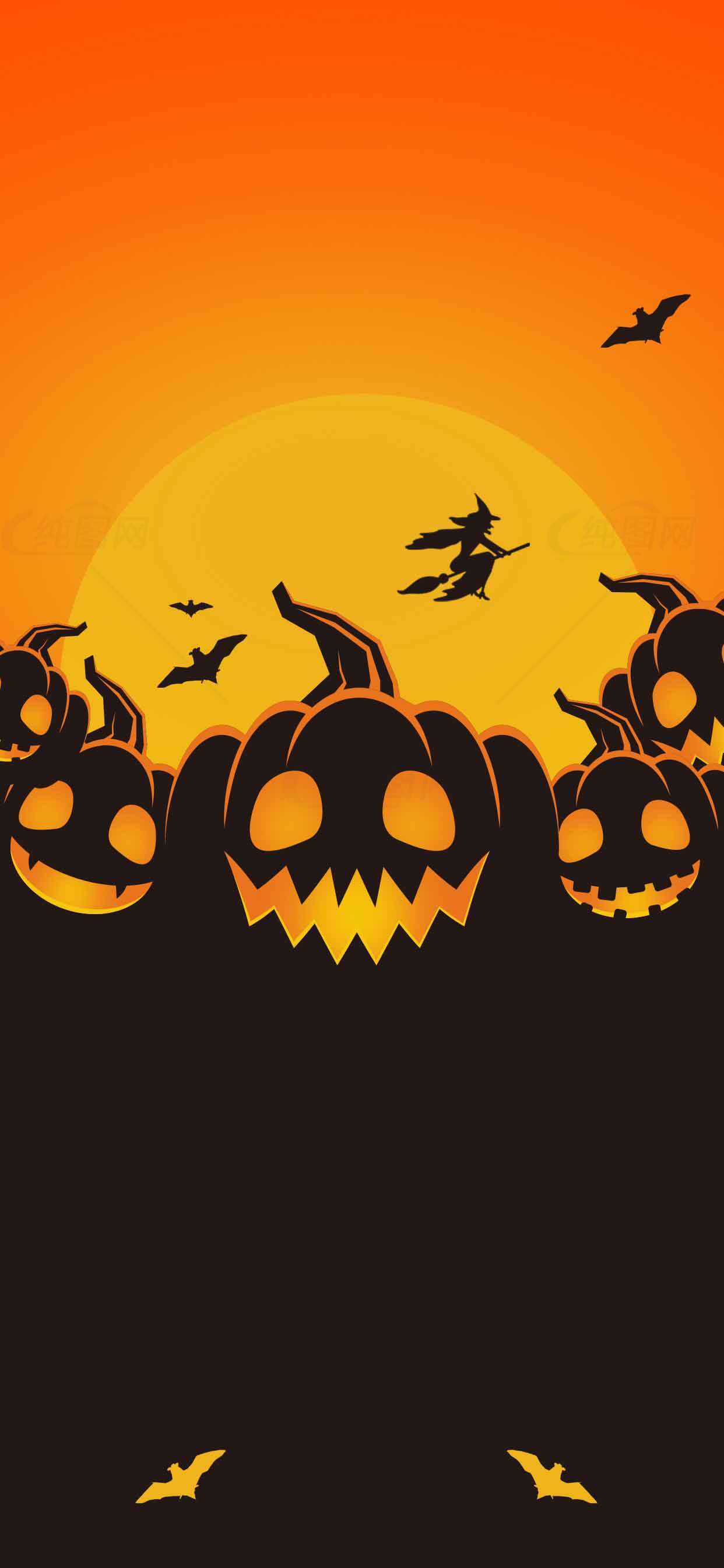 万圣节南瓜与女巫剪影背景图片素材