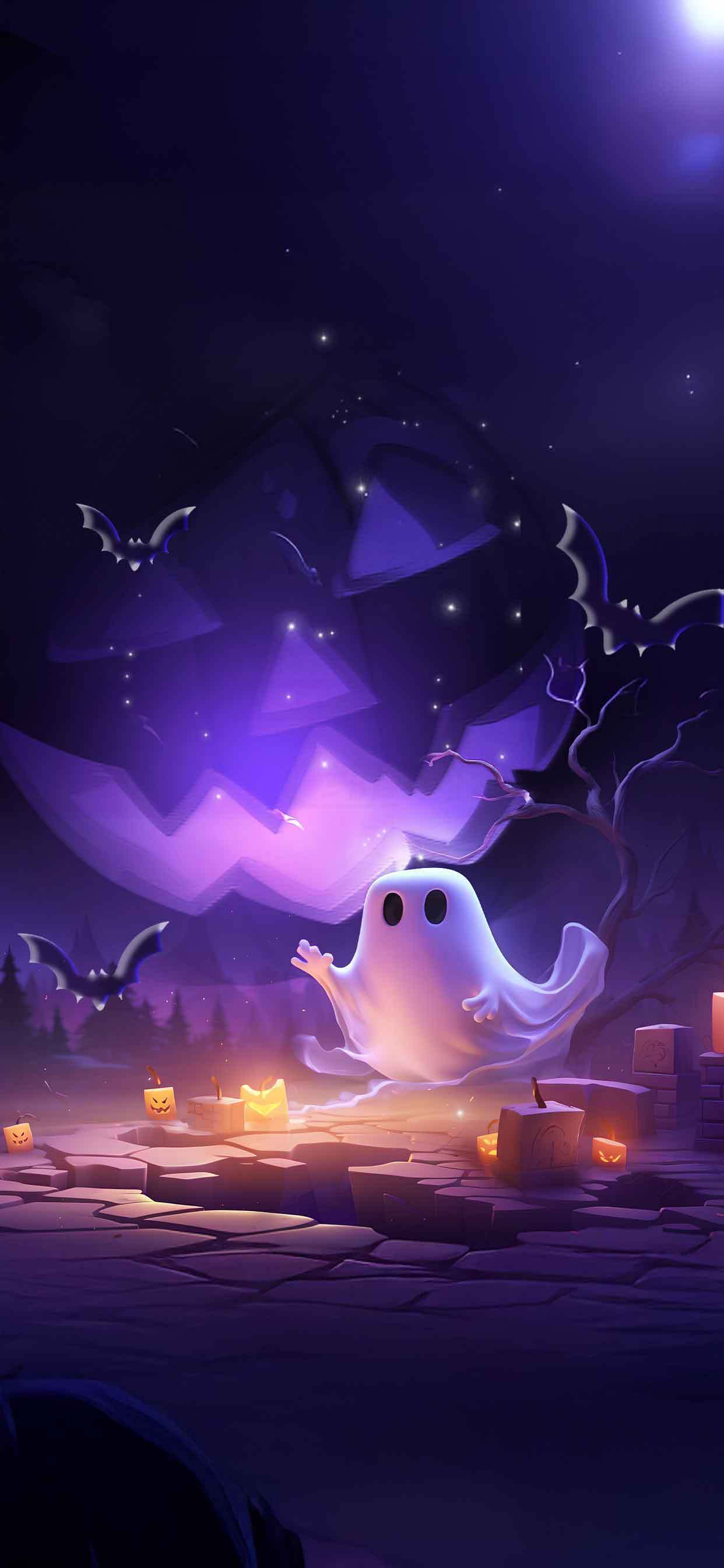 万圣节幽灵与蝙蝠的神秘夜晚插画素材