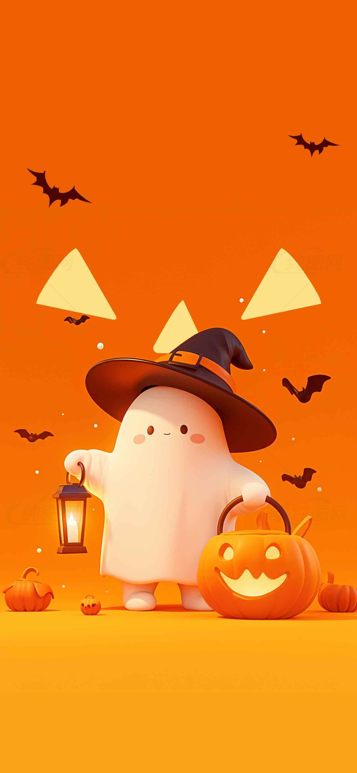 万圣节可爱幽灵与南瓜灯主题插画素材