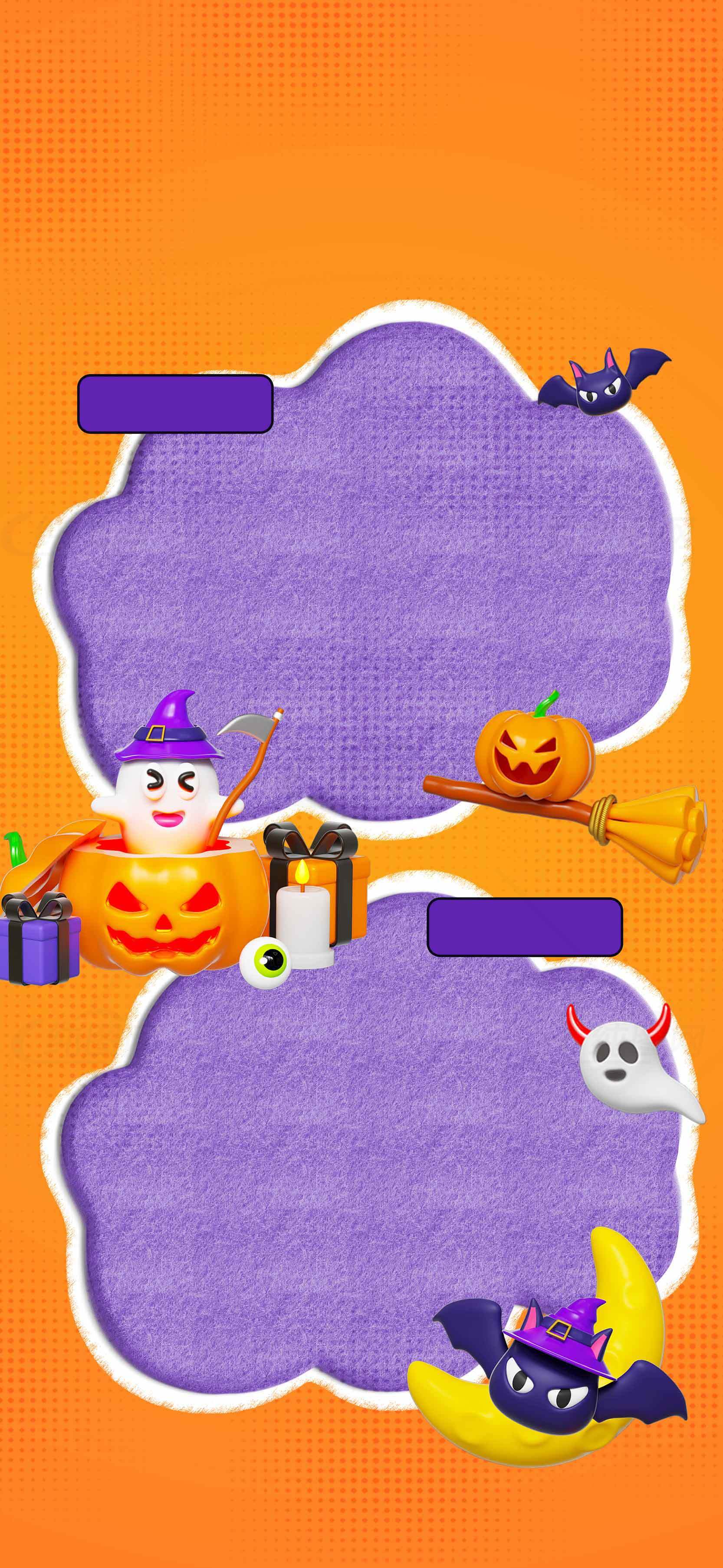 万圣节橙紫色背景设计，南瓜与蝙蝠装饰素材