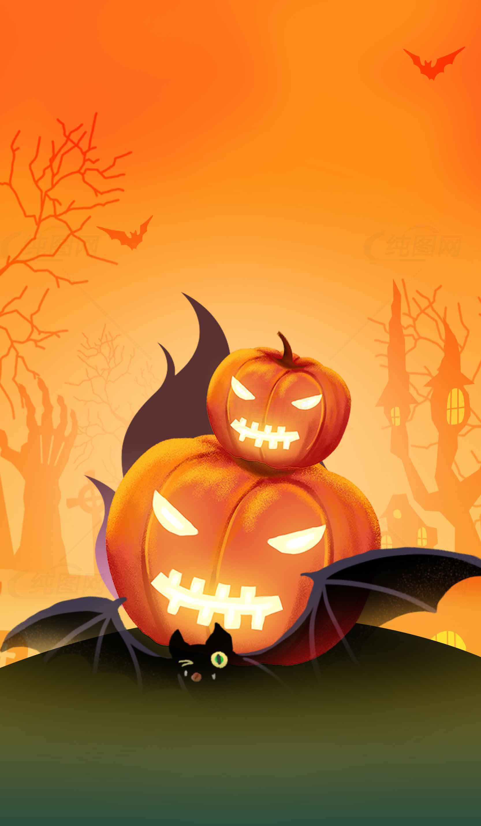 万圣节南瓜与蝙蝠主题插画设计素材