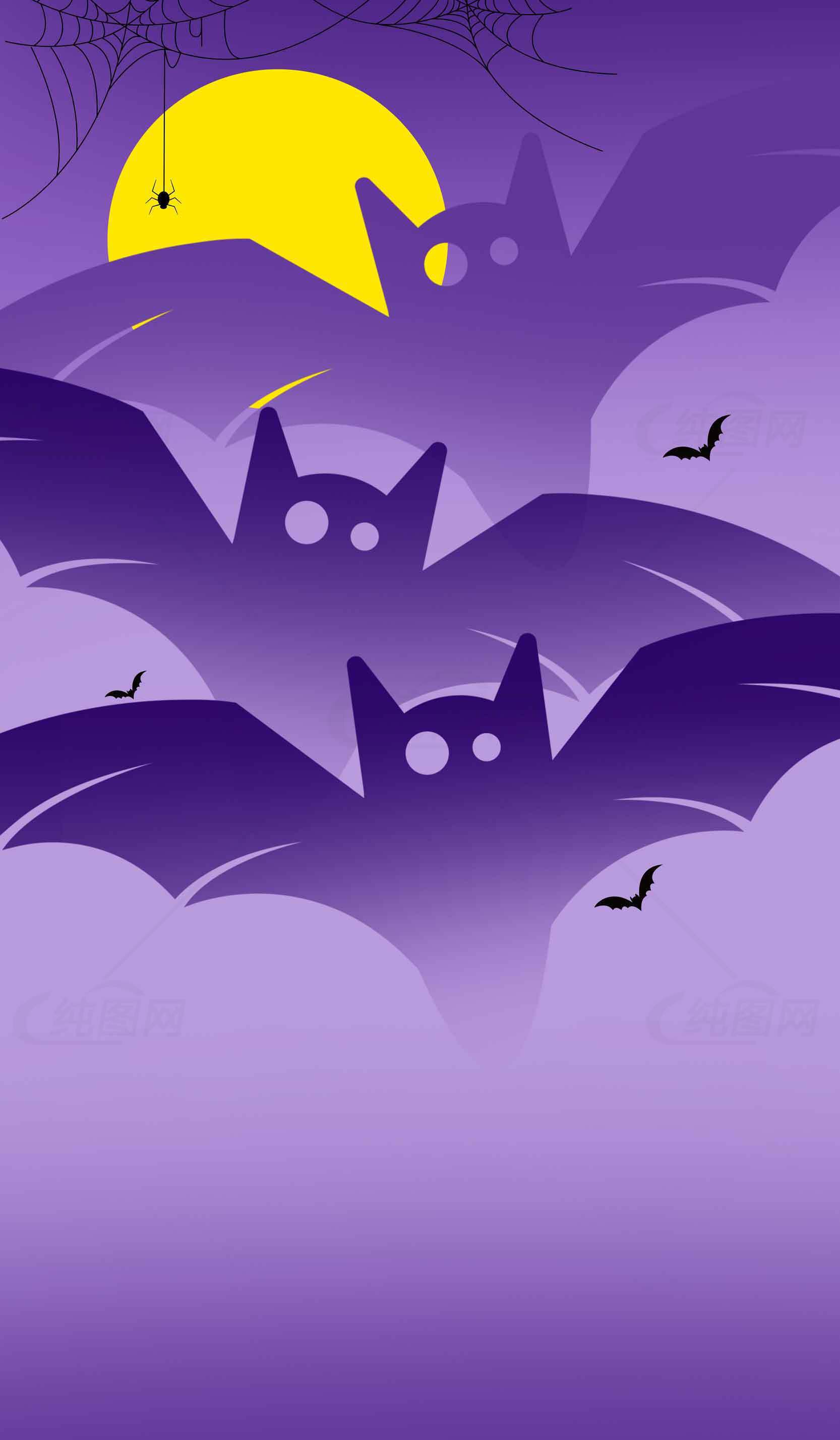 紫色蝙蝠与满月的万圣节夜晚插画素材