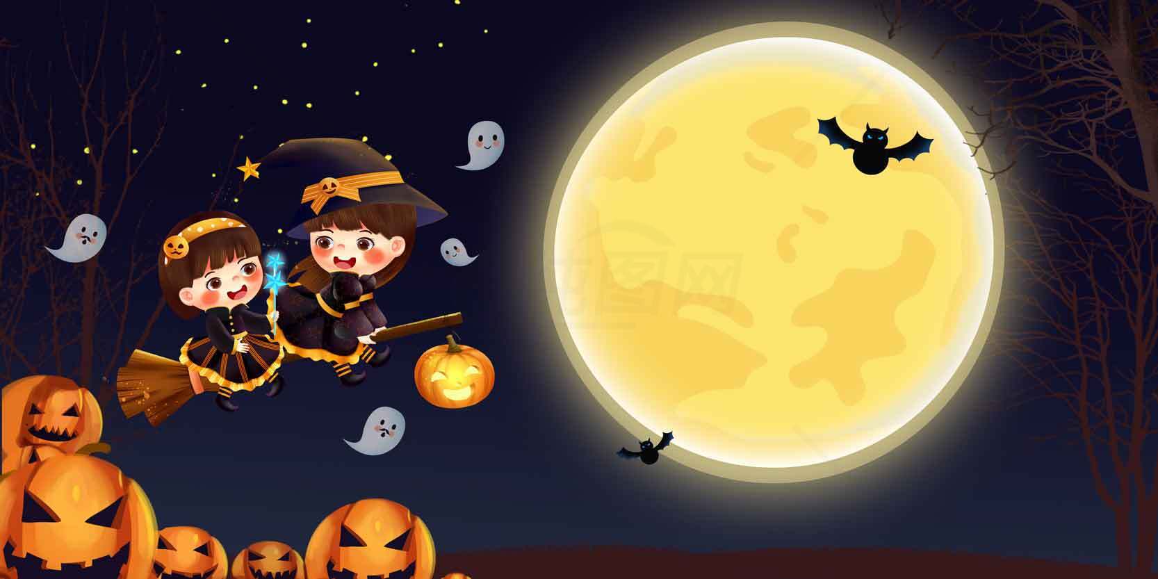 万圣节夜晚满月与南瓜灯的童趣插画素材
